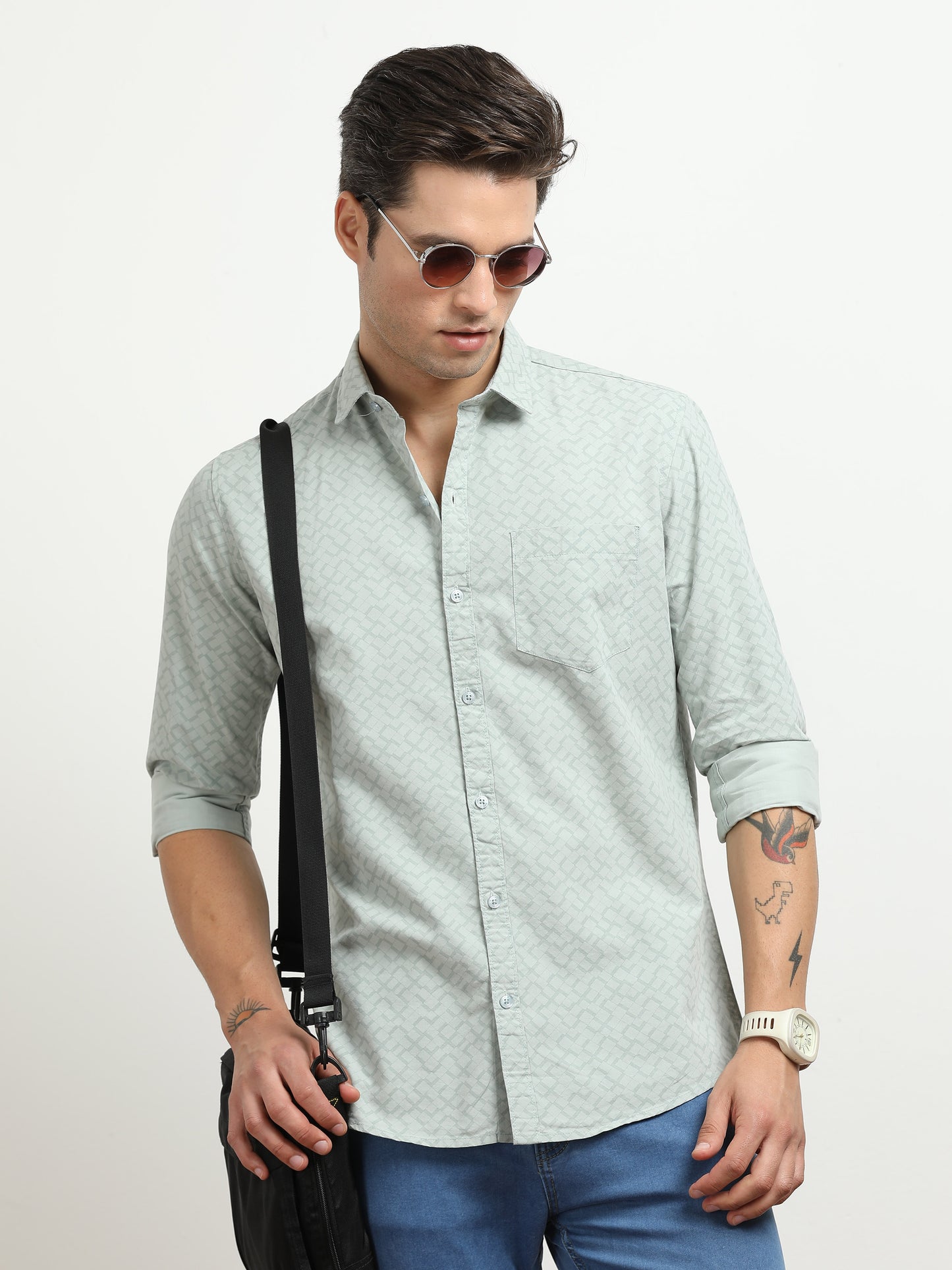 Men’s Light Grey Subtle Printed Slim Fit Casual Shirt By Black Thread