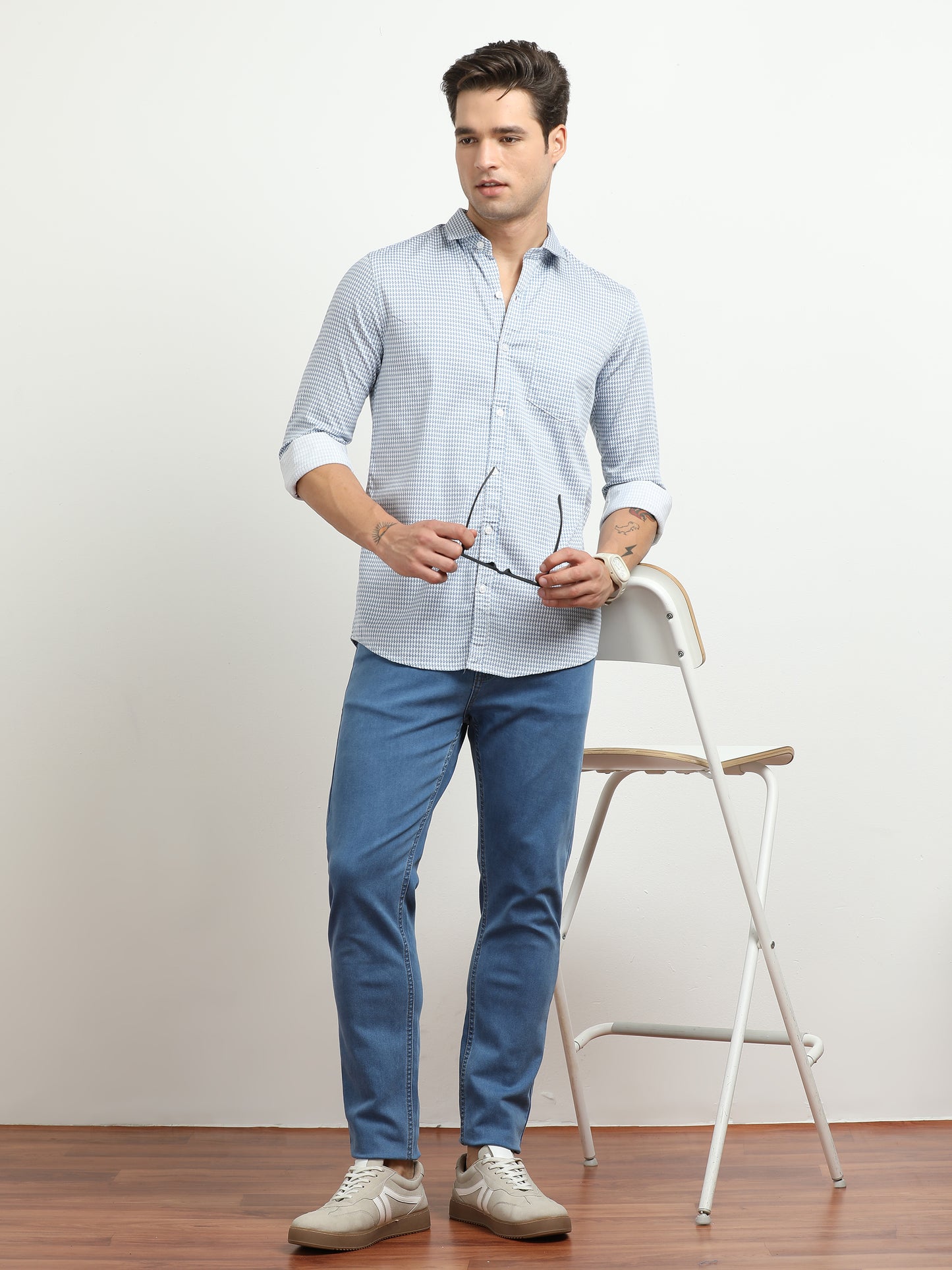 Men’s White & Blue Micro Check Printed Slim Fit Casual Shirt By Black Thread