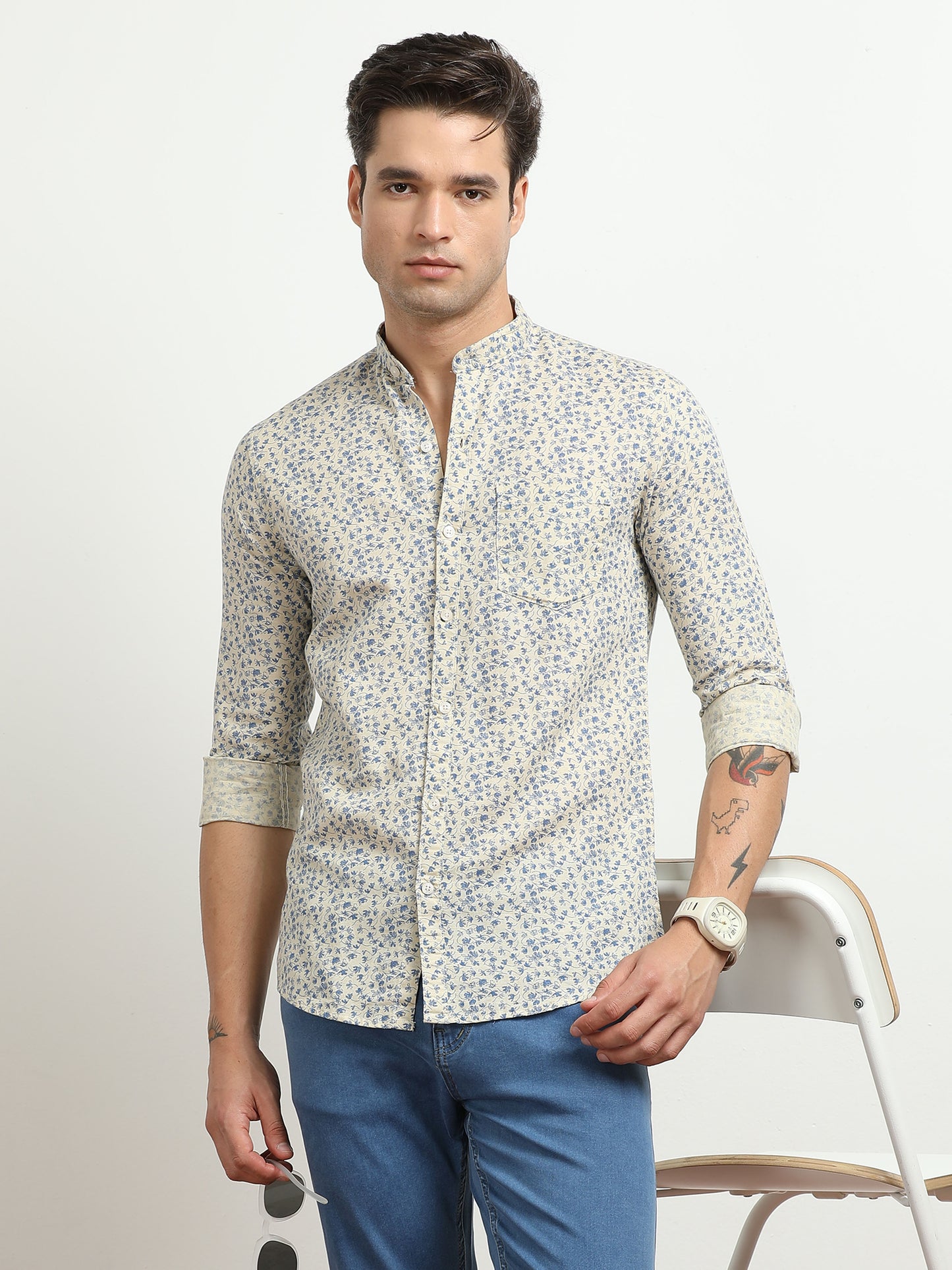 Men’s Cream & Blue Floral Printed Slim Fit Casual Shirt By Black Thread