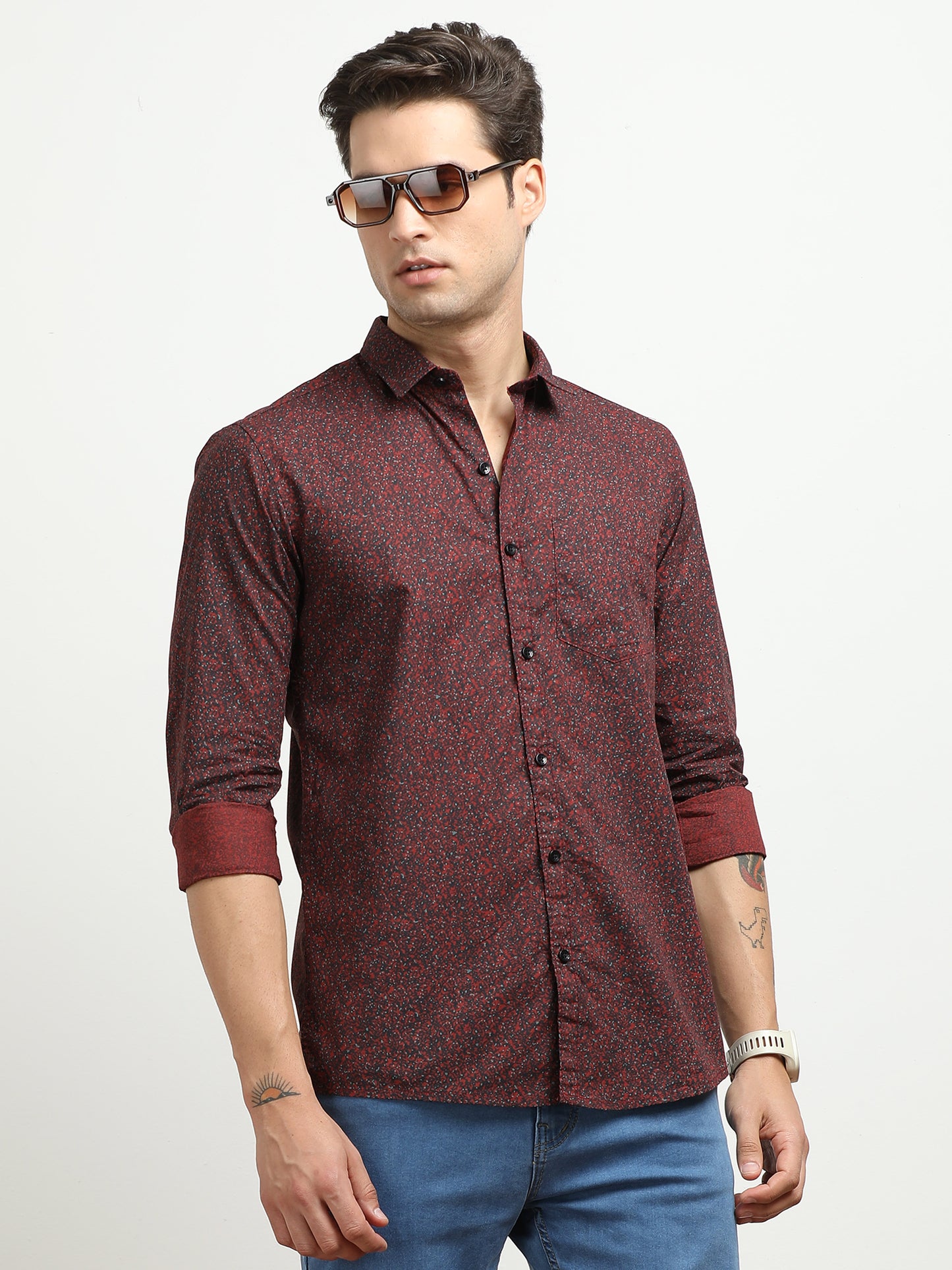 Men’s Maroon Micro Printed Slim Fit Casual Shirt By Black Thread