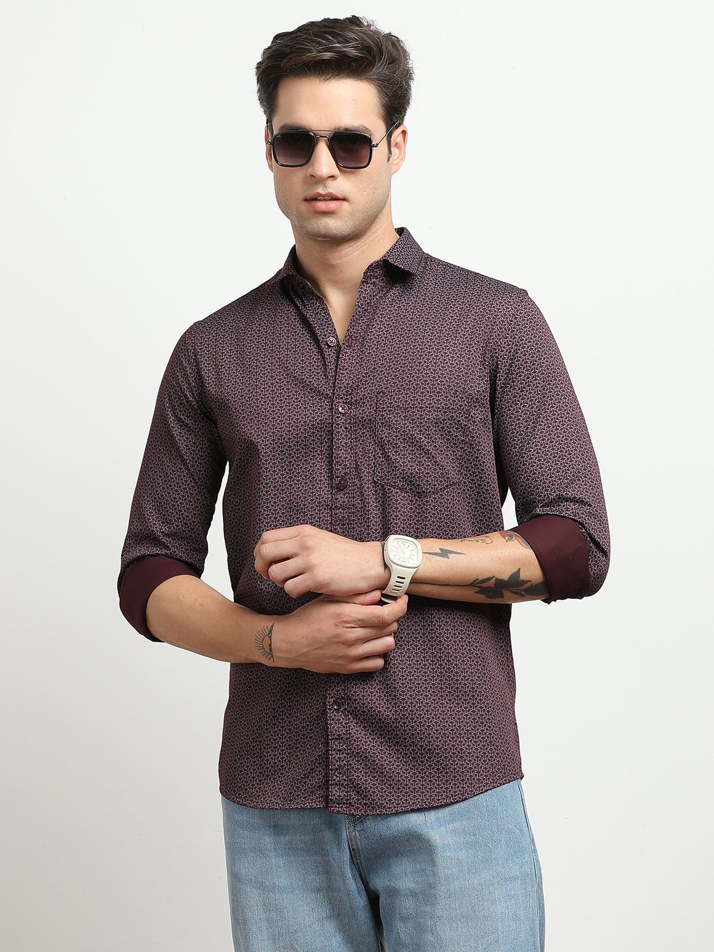 Men’s Wine Red Micro Printed Slim Fit Casual Shirt By Black Thread