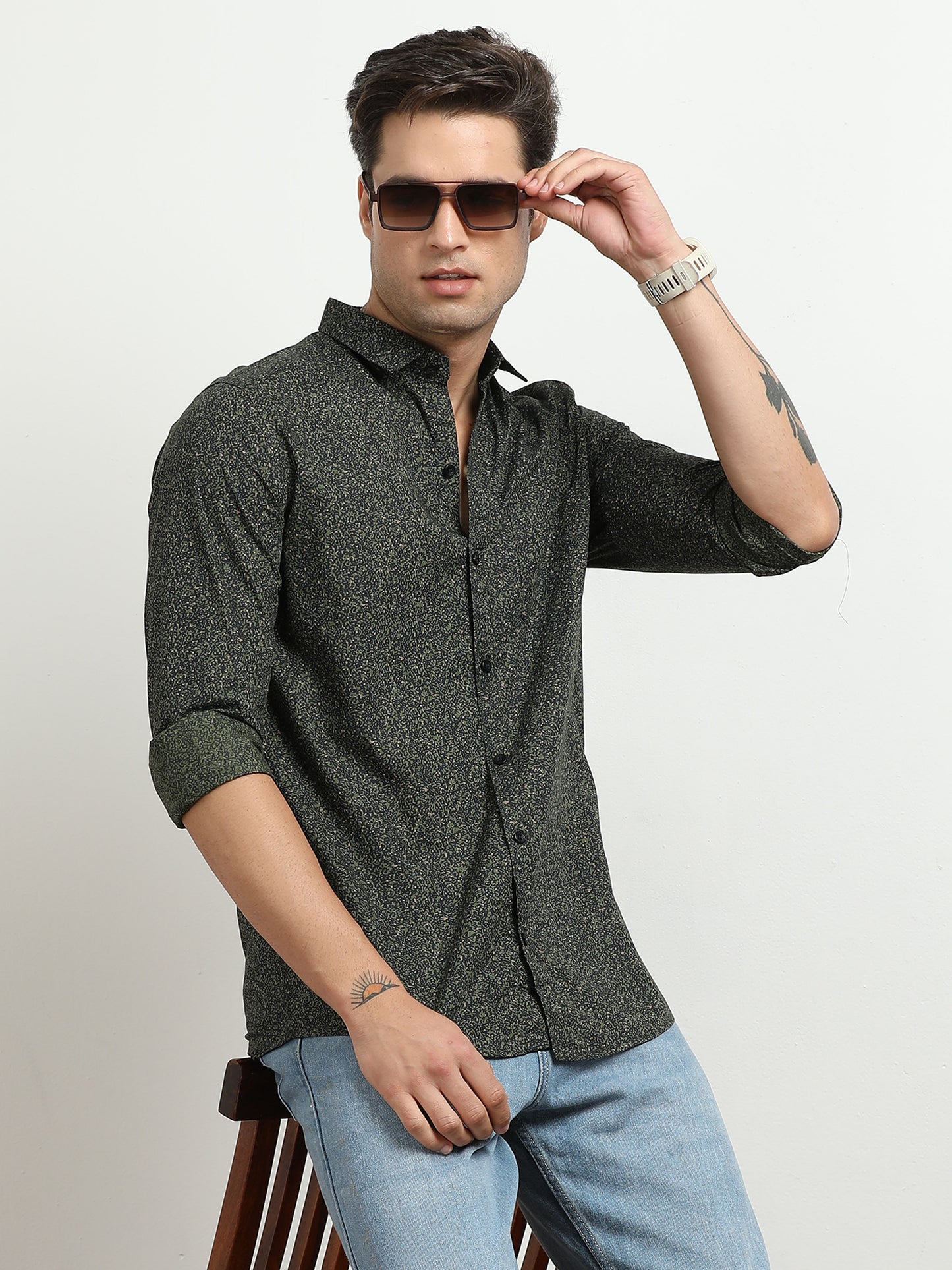 Men’s Dark Green Micro Printed Slim Fit Casual Shirt By Black Thread