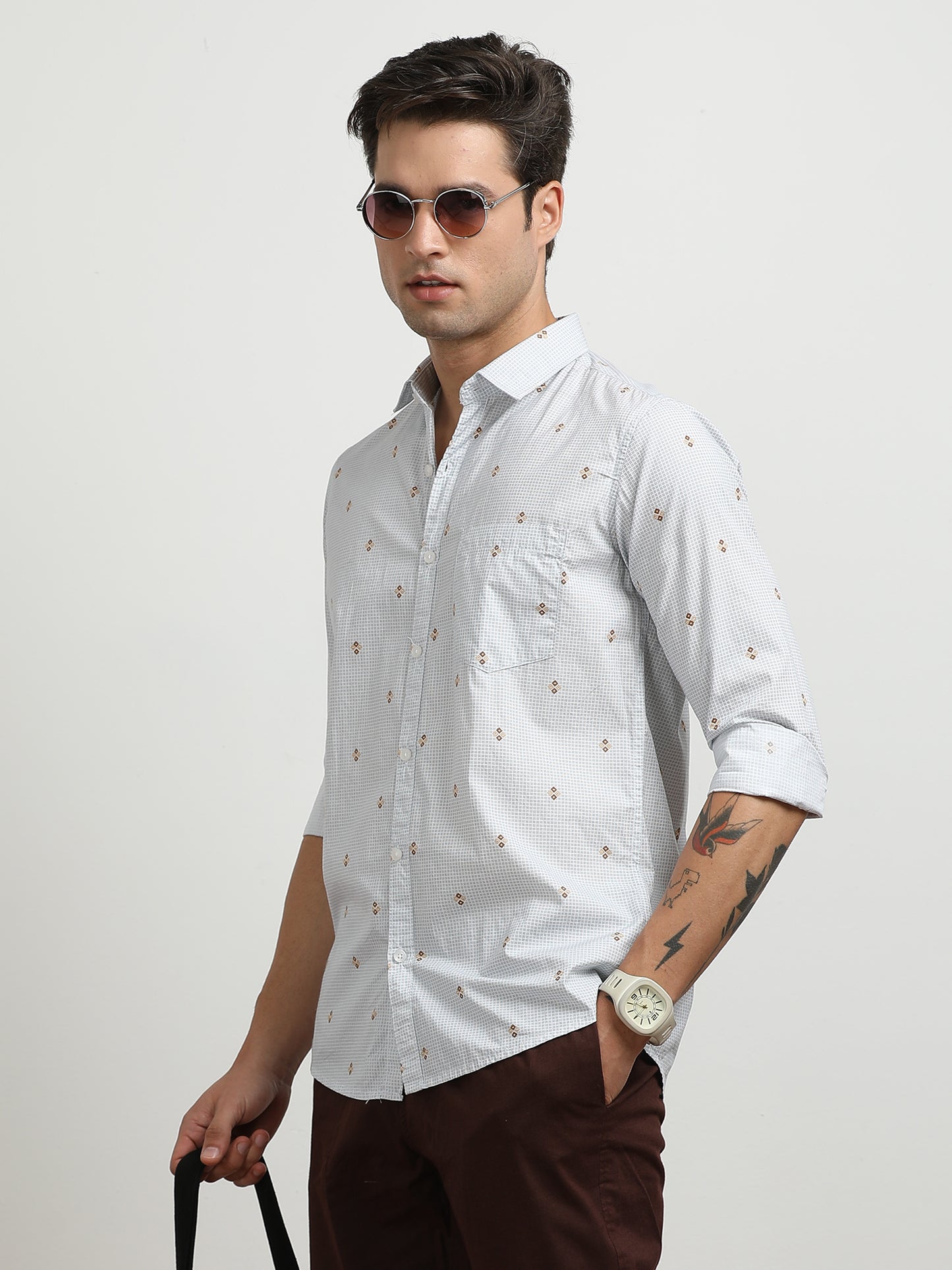 Men’s White Printed Slim Fit Casual Shirt By Black Thread