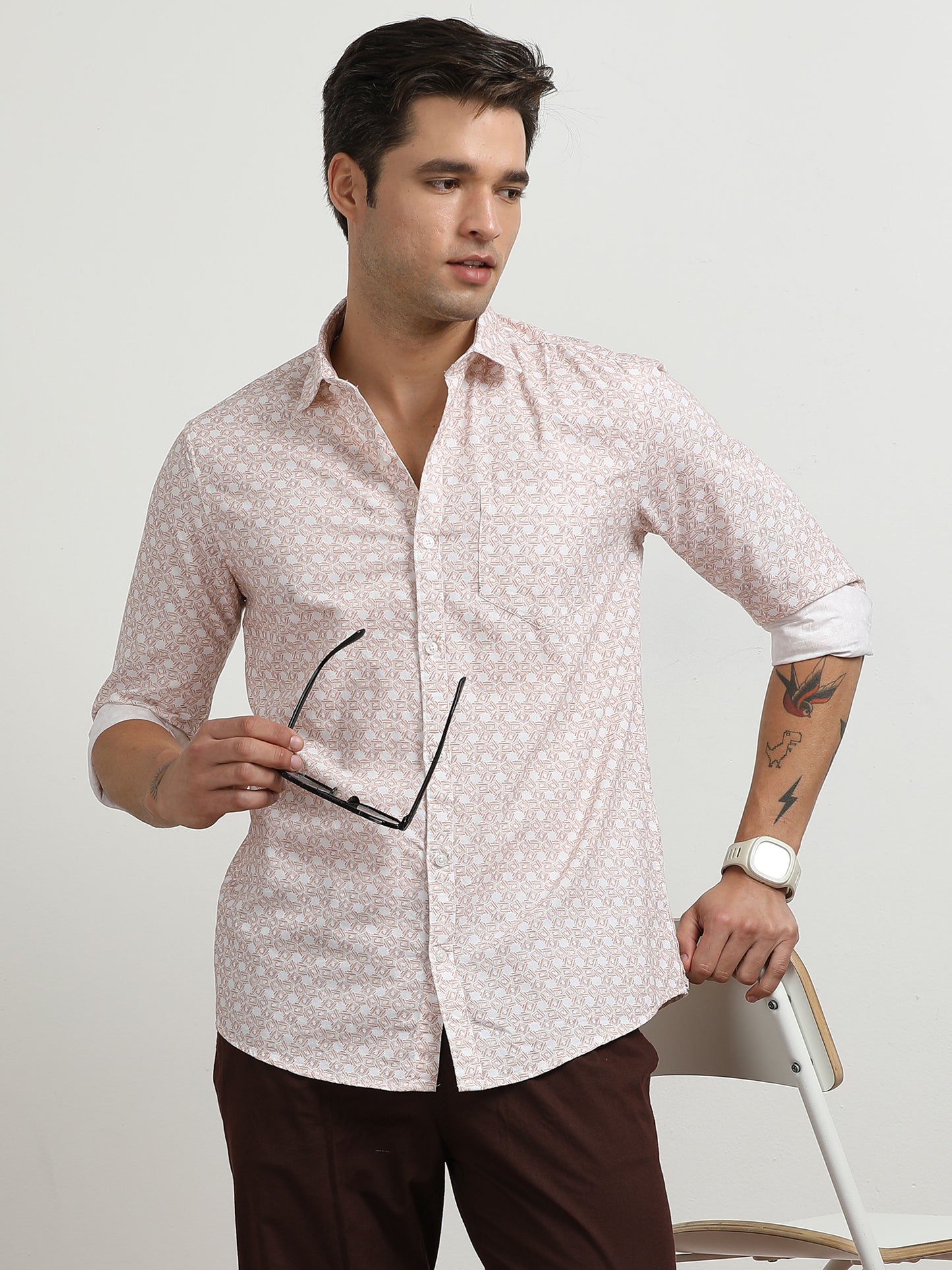 Men’s Light Pink Floral Printed Slim Fit Casual Shirt By Black Thread