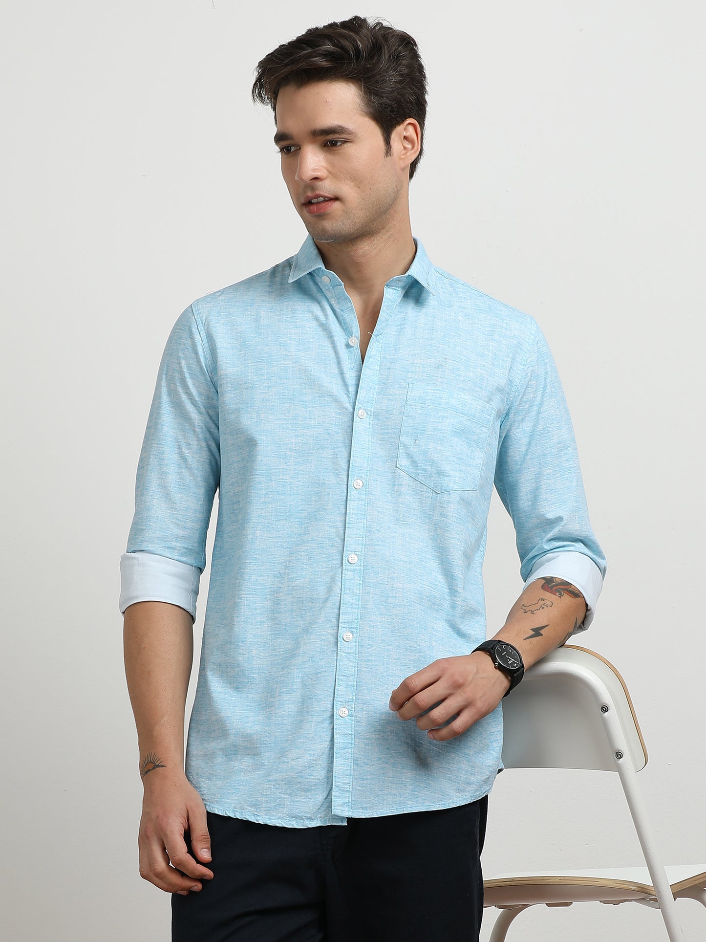 Men’s Light Blue Textured Slim Fit Casual Shirt By Black Thread