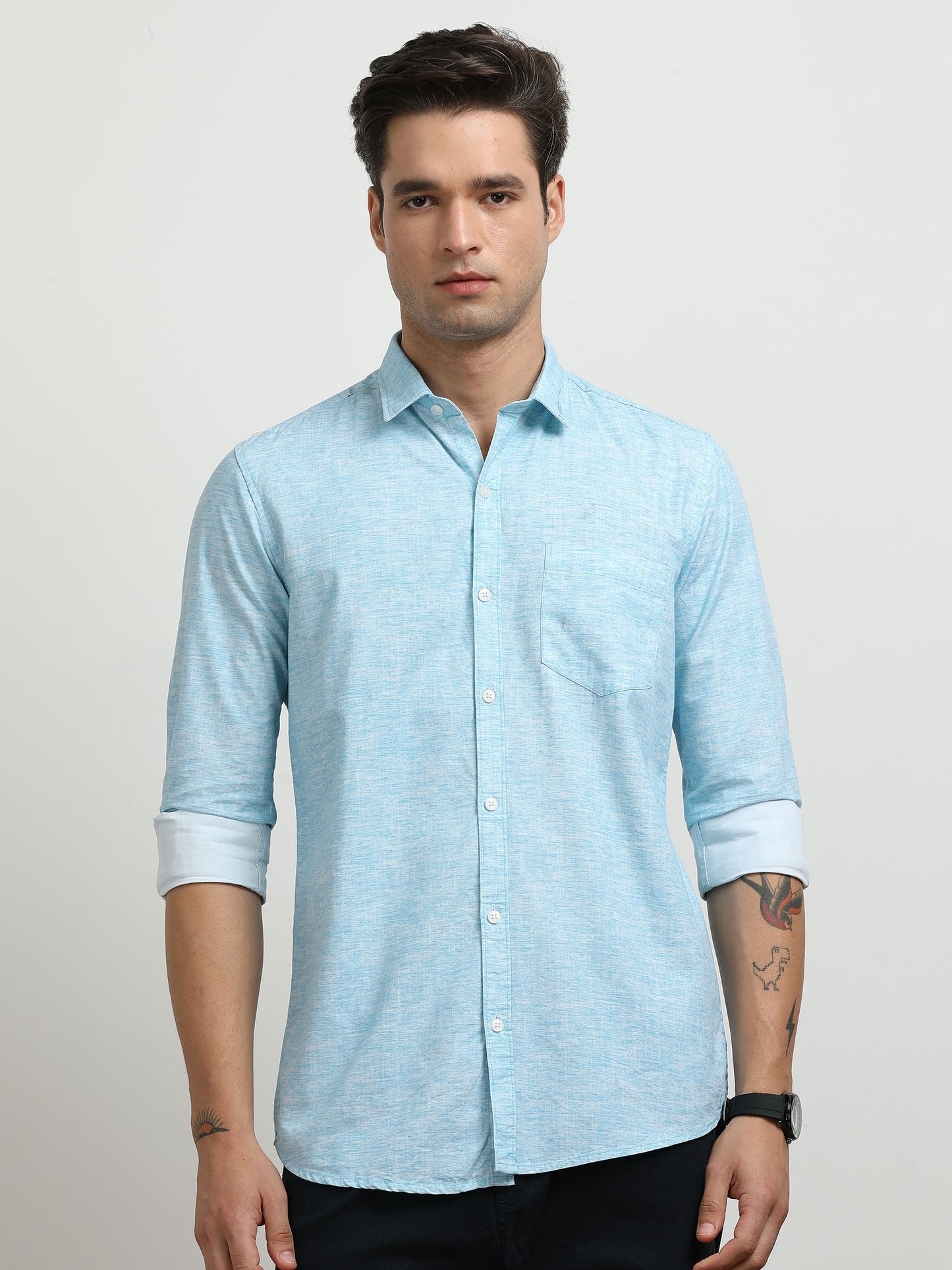 Men’s Light Blue Textured Slim Fit Casual Shirt By Black Thread