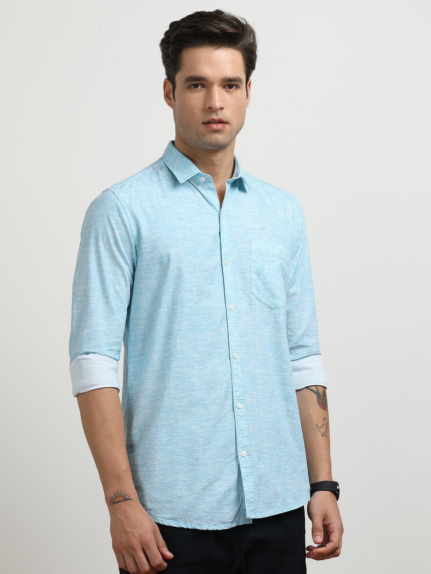 Men’s Light Blue Textured Slim Fit Casual Shirt By Black Thread