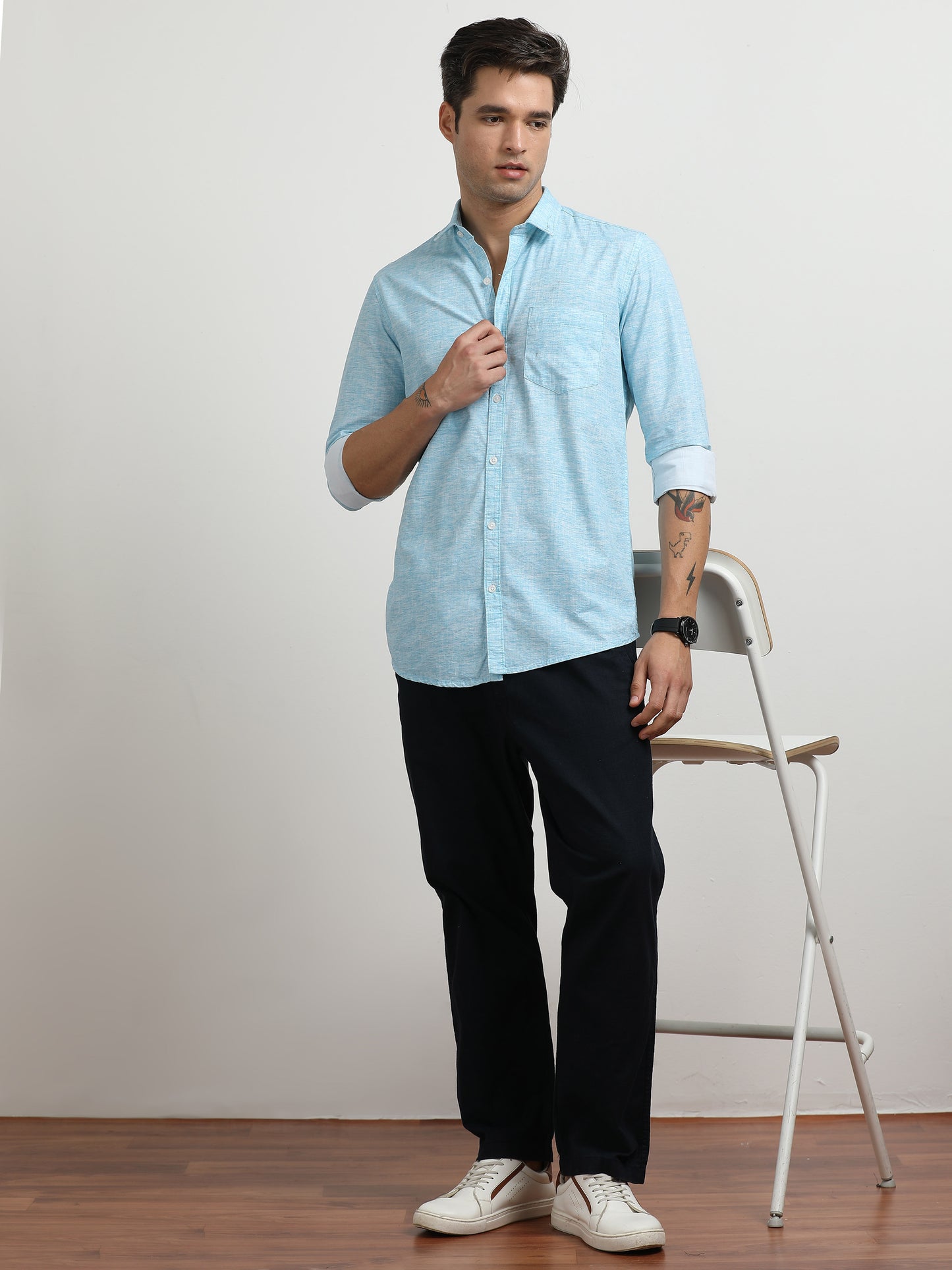 Men’s Light Blue Textured Slim Fit Casual Shirt By Black Thread