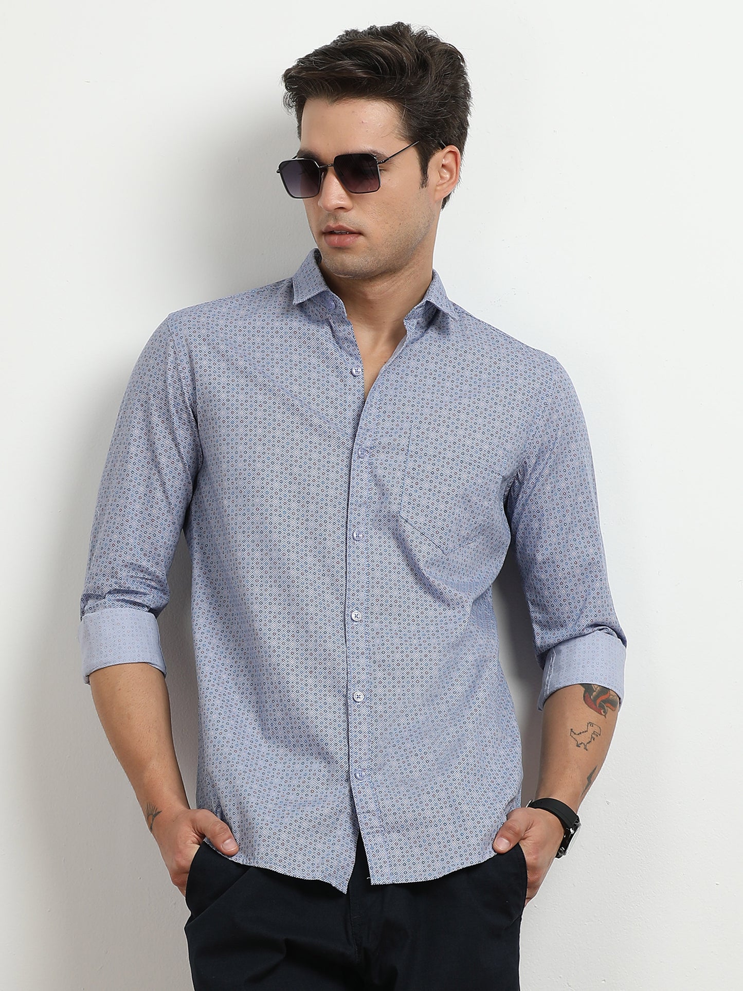 Men’s Light Blue Micro Printed Slim Fit Casual Shirt By Black Thread