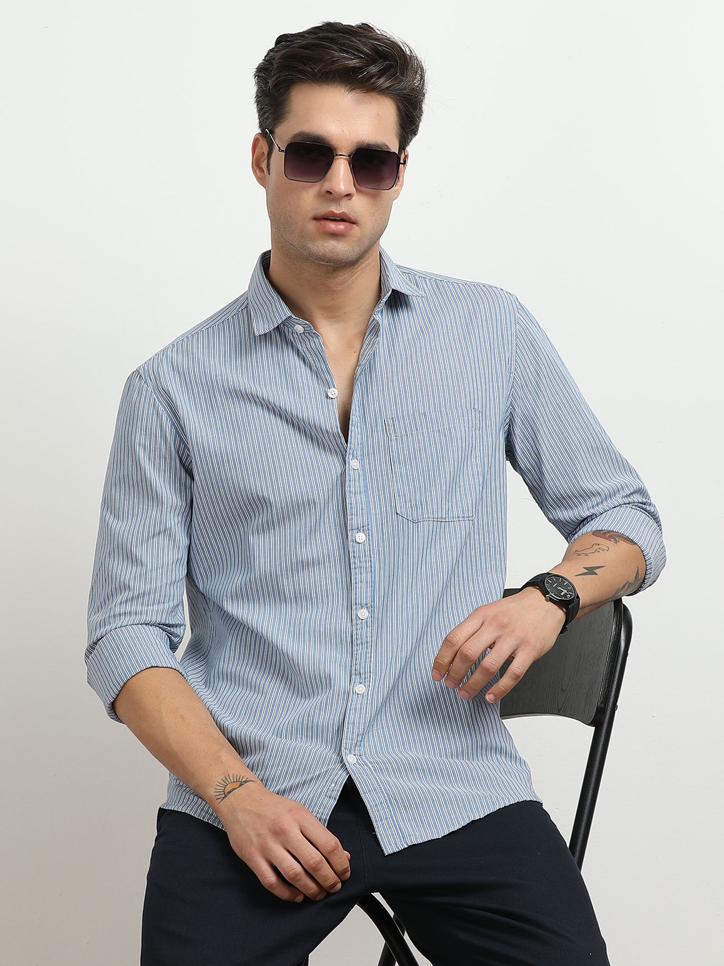 Men’s Blue & White Vertical Striped Slim Fit Casual Shirt By Black Thread