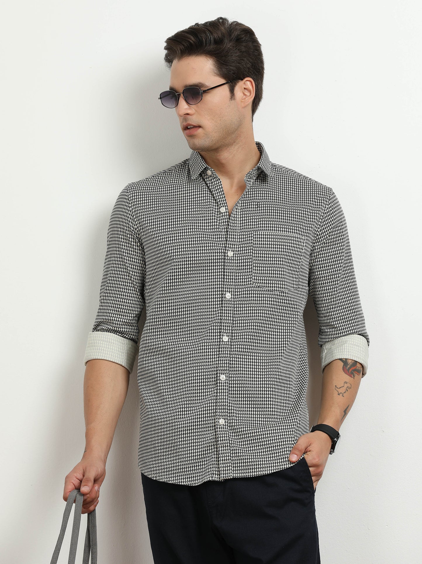 Men’s Black & White Micro Check Slim Fit Casual Shirt By Black Thread