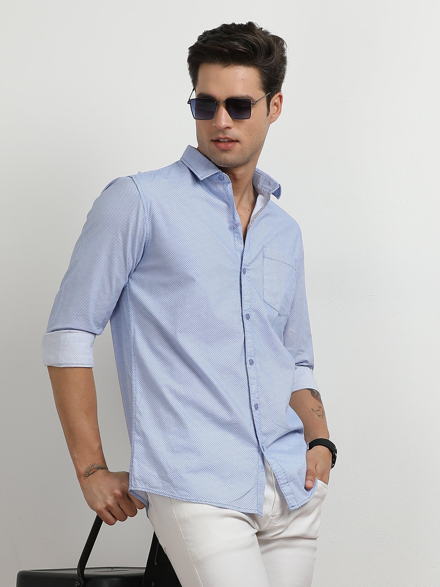 Men’s Light Blue Micro Printed Slim Fit Casual Shirt