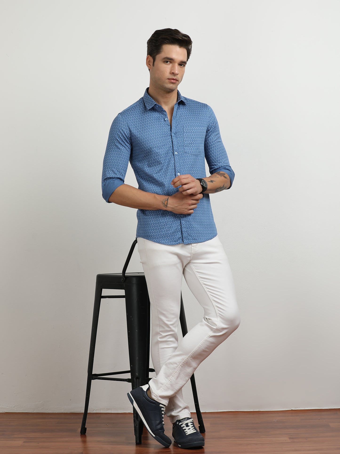 Men’s Blue Micro Printed Slim Fit Casual Shirt By Black Thread