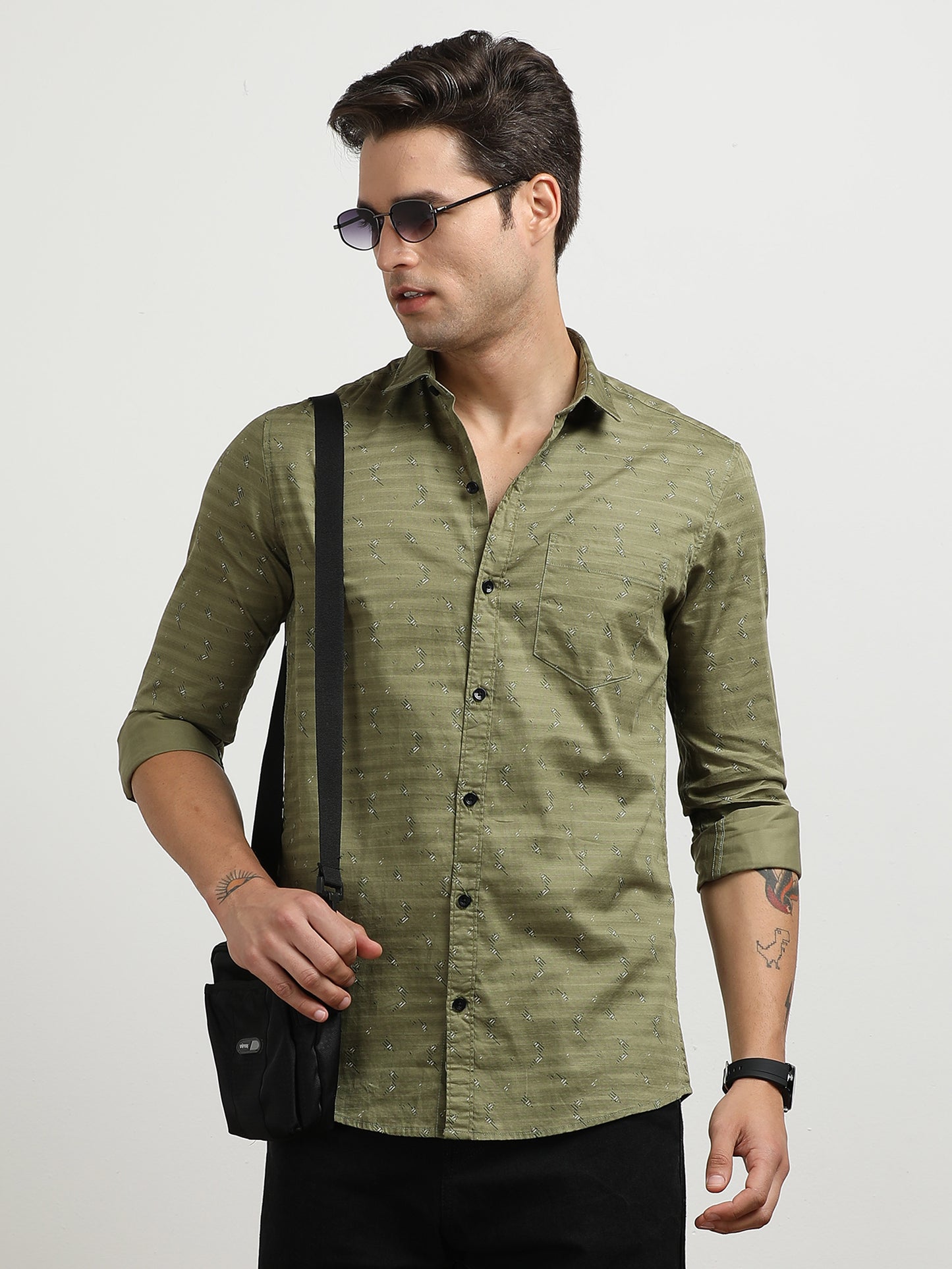 Men’s Olive Green Micro Printed Slim Fit Casual Shirt By Black Thread