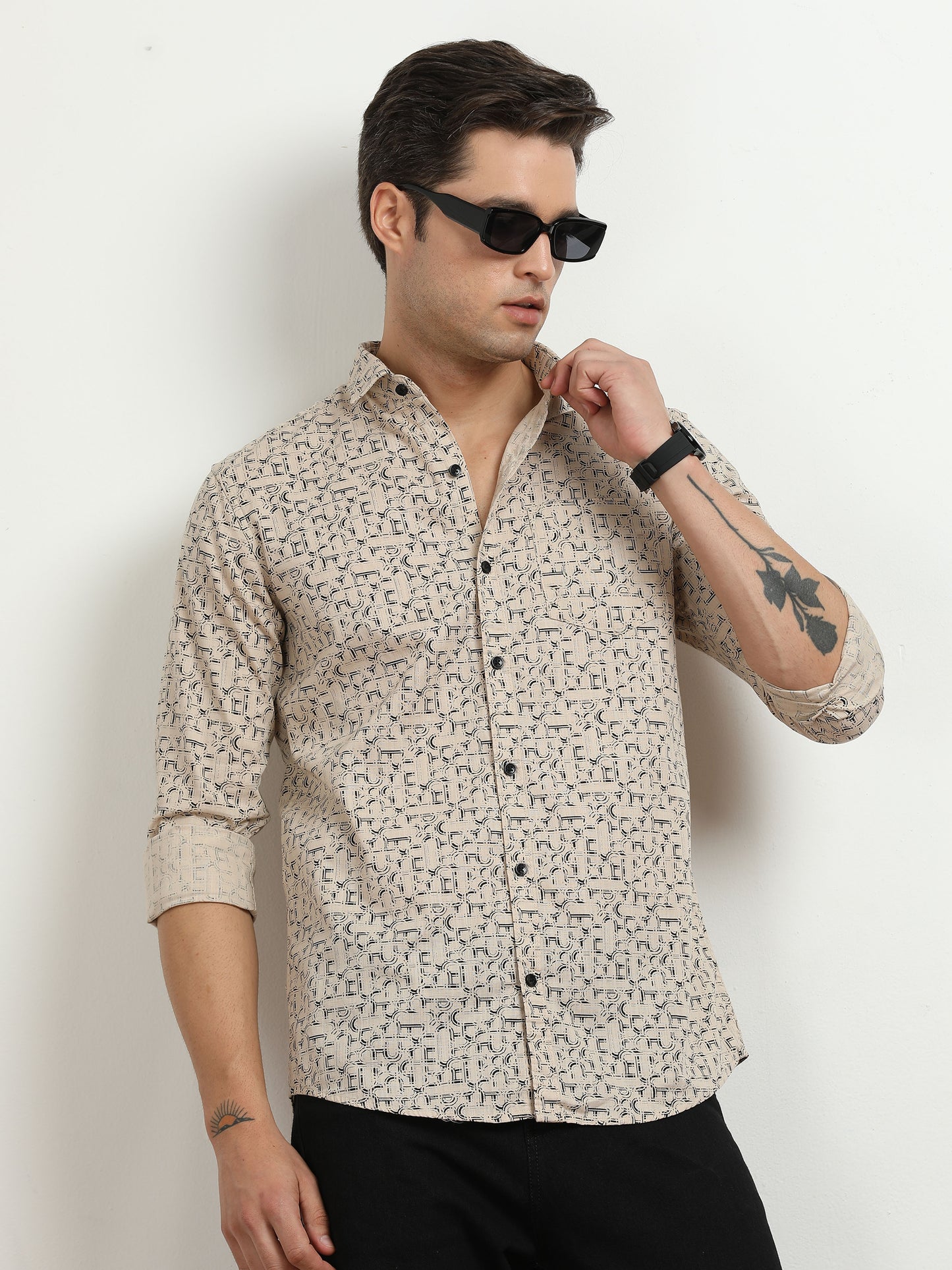 Men’s Beige Abstract Printed Slim Fit Casual Shirt By Black Thread