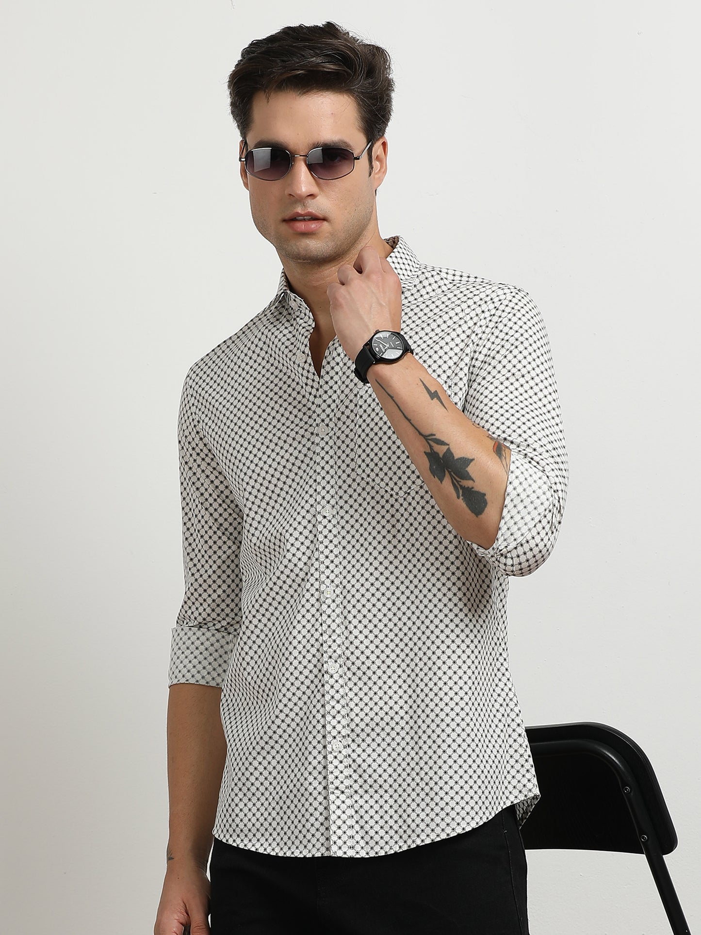 Men’s White & Black Geometric Printed Slim Fit Casual Shirt By Black Thread
