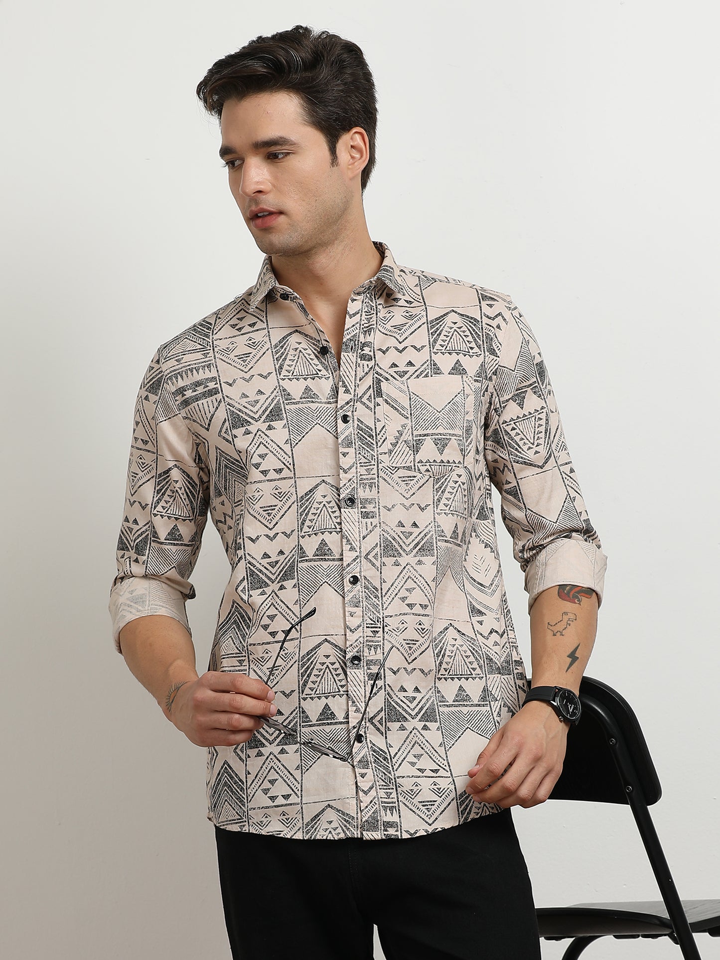 Men’s Beige & Black Tribal Printed Slim Fit Casual By Black Thread