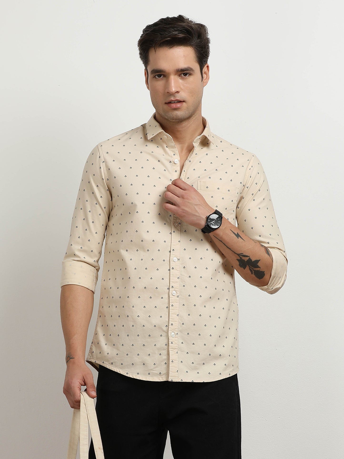 Men’s Beige Micro Printed Slim Fit Casual Shirt By Black Thread