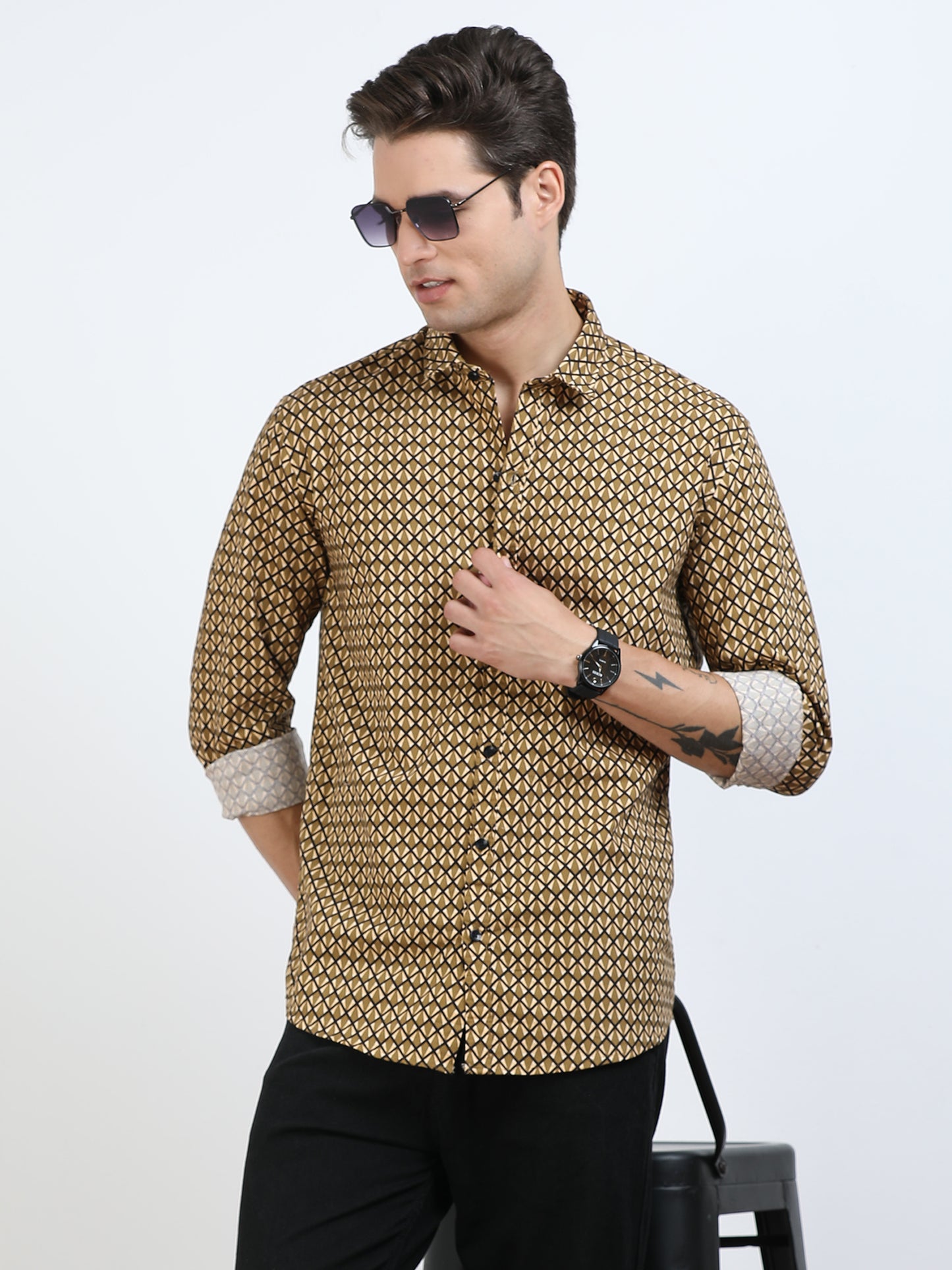 Men’s Brown Geometric Printed Casual Shirt By Black Thread
