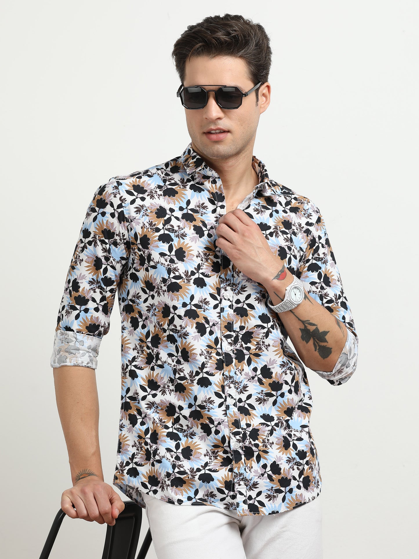 Men’s White Multi-Colored Floral Printed Slim Fit Casual Shirt By Black Thread