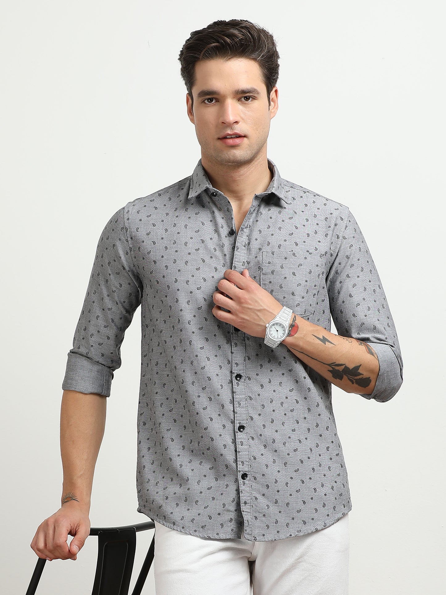 Men’s Grey Micro Printed Slim Fit Casual Shirt By Black Thread