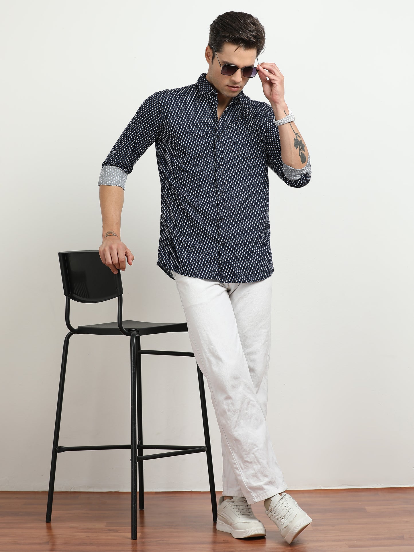 Men’s Navy Blue Geometric Printed Slim Fit Shirt By Black Thread