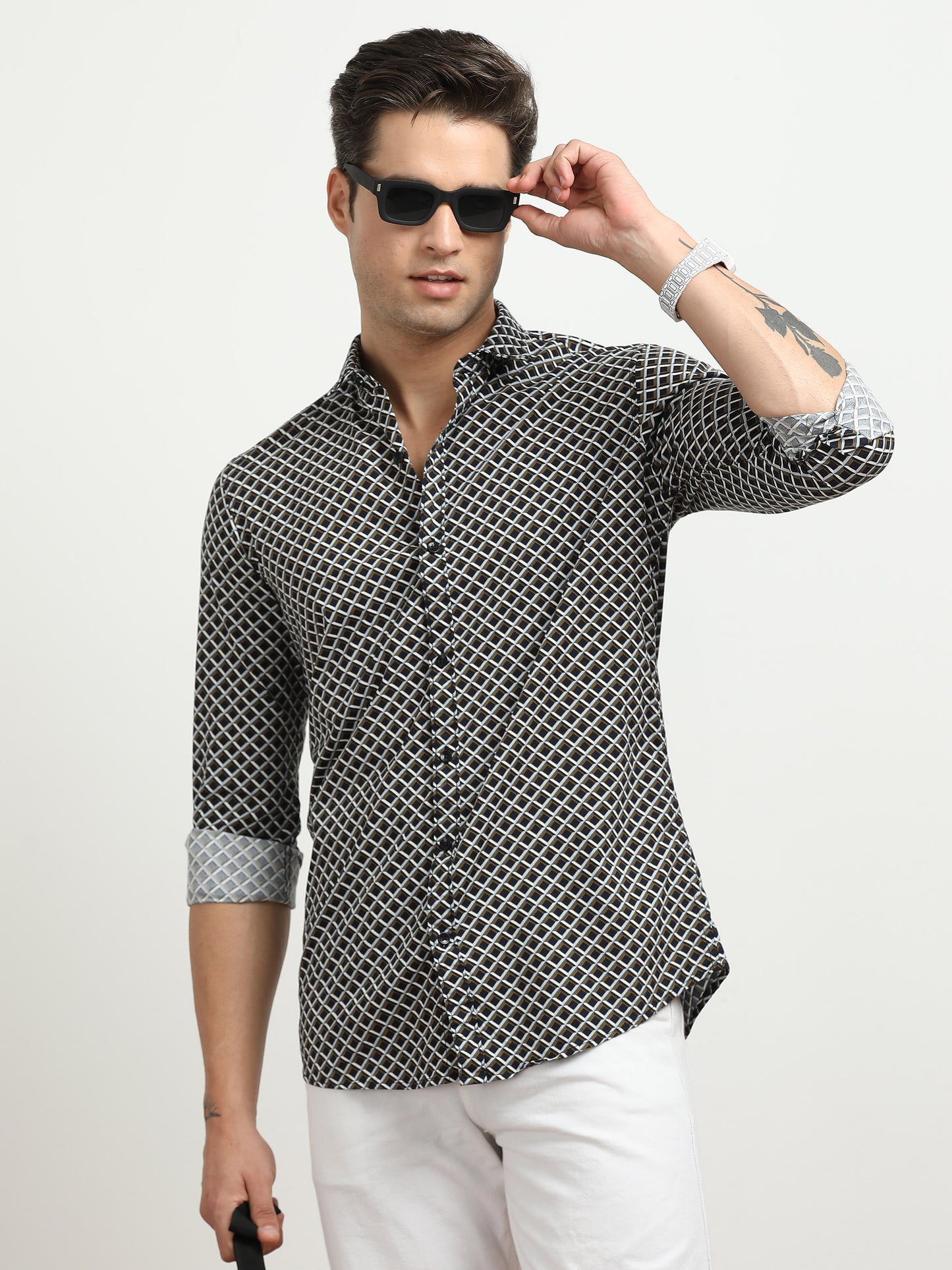 Men’s Black & Beige Geometric Printed Casual Shirt By Black Thread