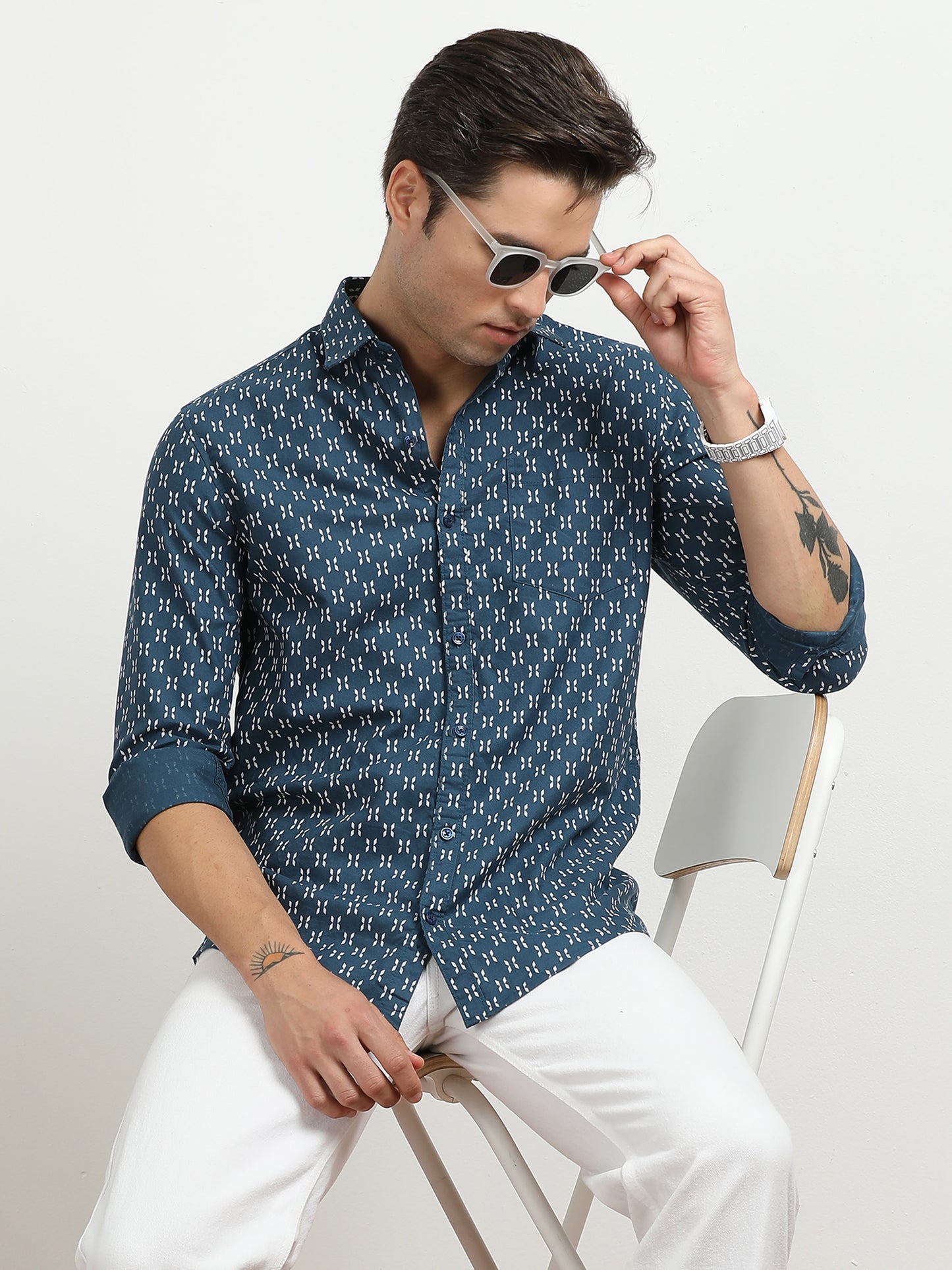 Men’s Blue Geometric Printed Slim Fit Casual Shirt By Black Thread