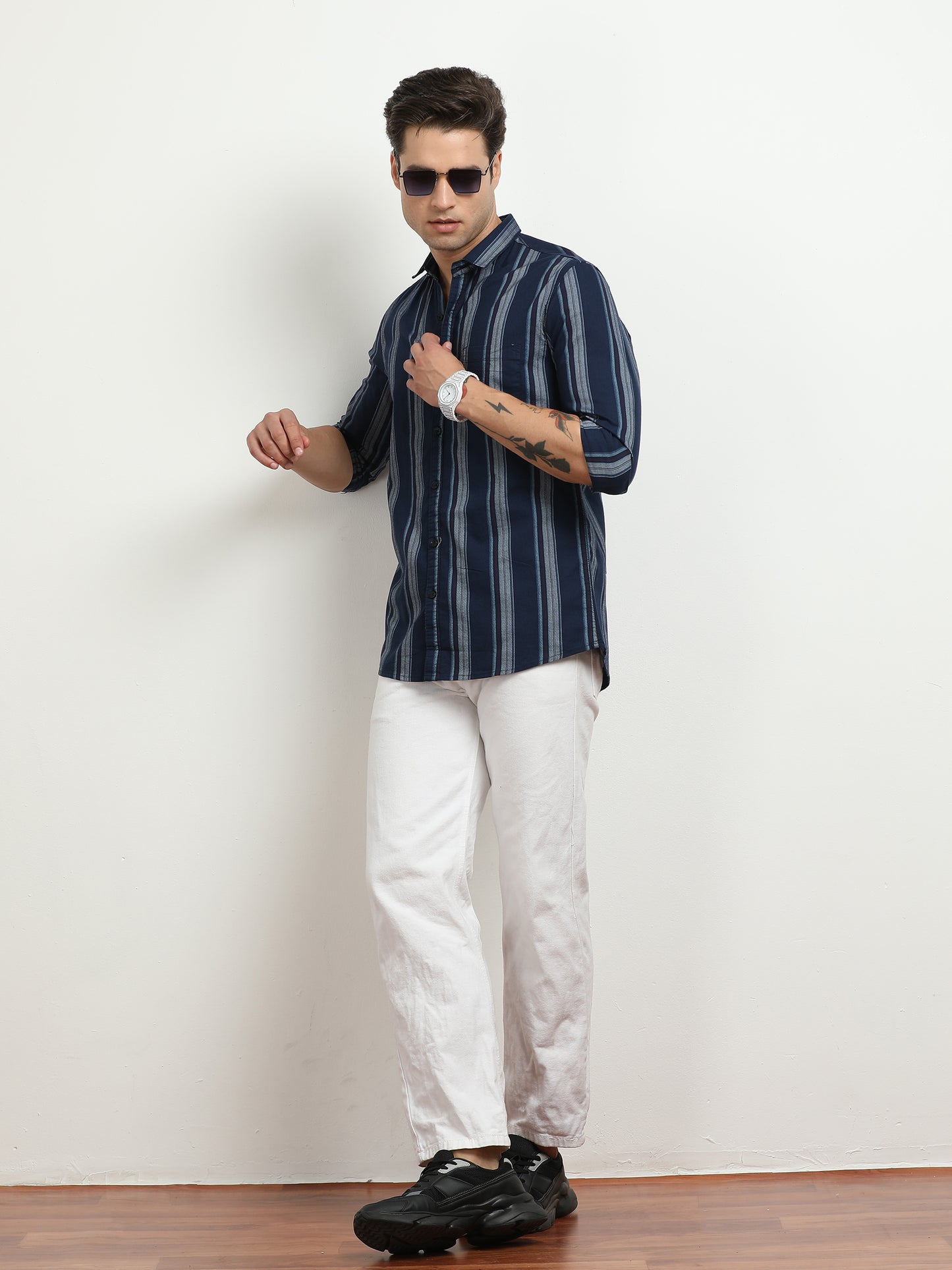 Men’s Navy Blue Vertical Striped Casual Shirt By Black Thread