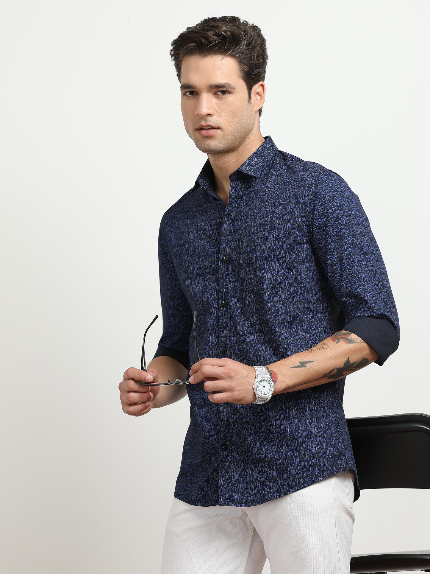 Men’s Navy Blue Abstract Printed Slim Fit Casual Shirt By Black Thread
