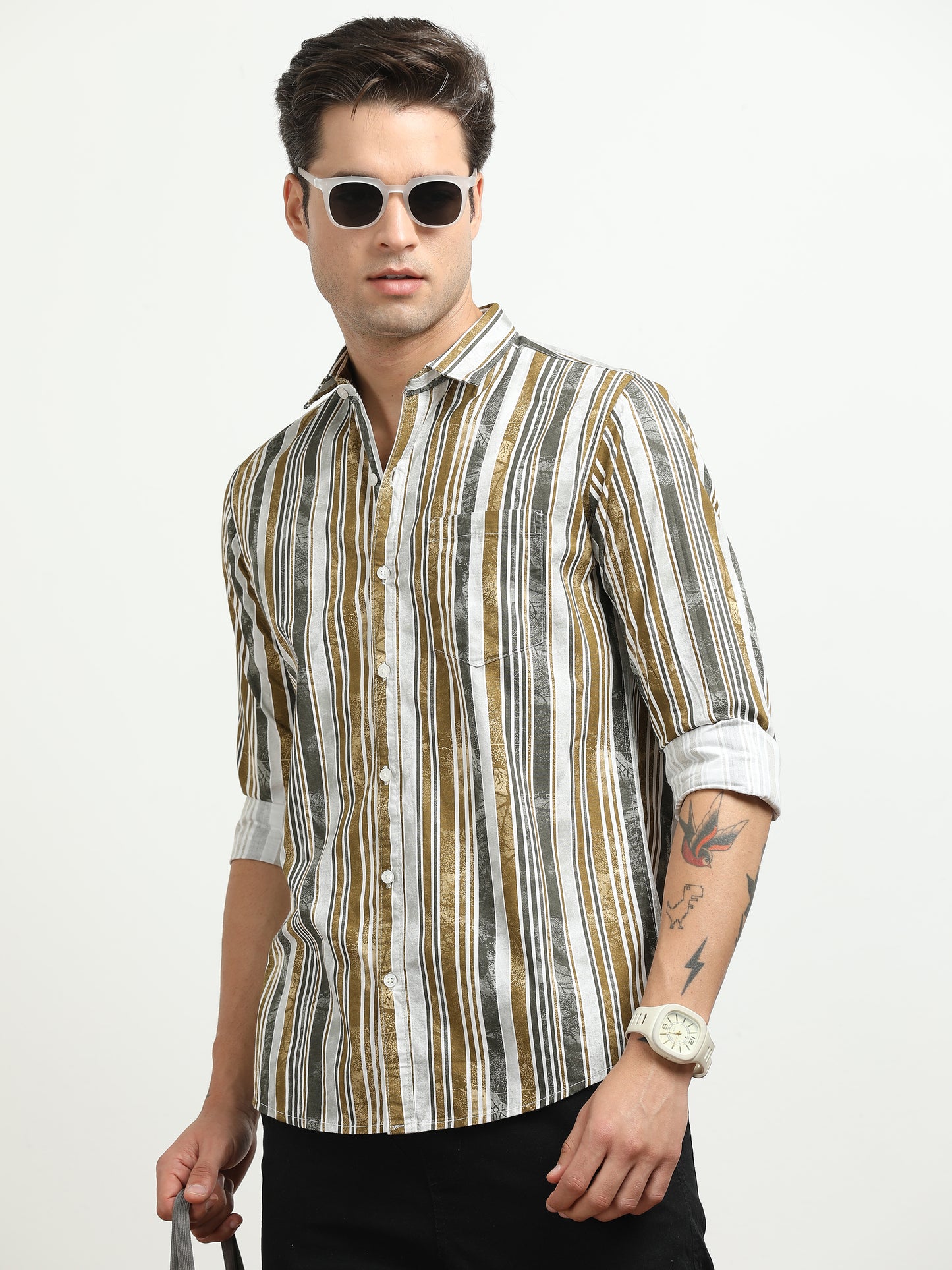 Men’s White & Mustard Striped Slim Fit Casual Shirt By Black Thread