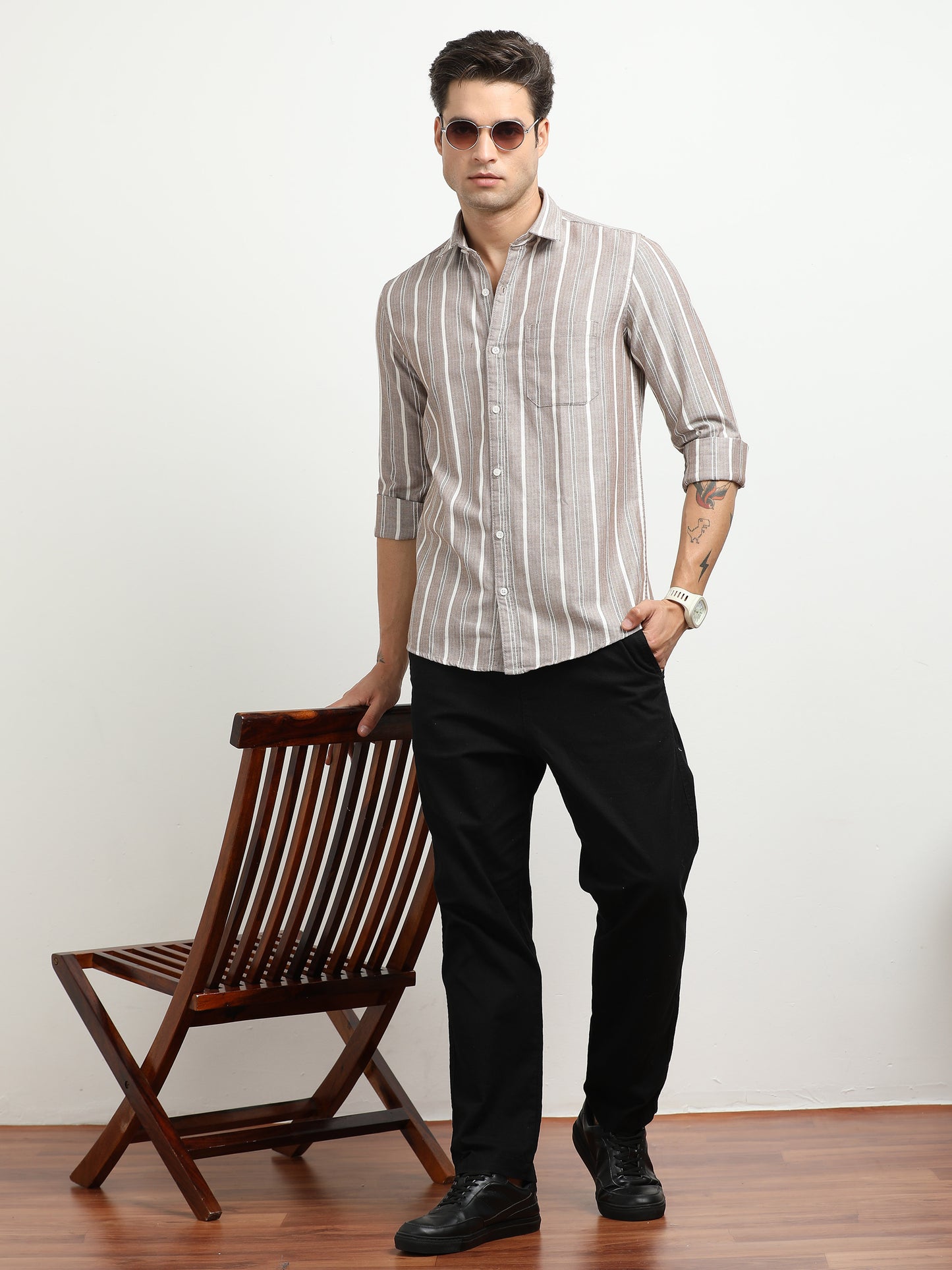 Men’s Brown & White Vertical Striped Slim Fit Casual Shirt By Black Thread