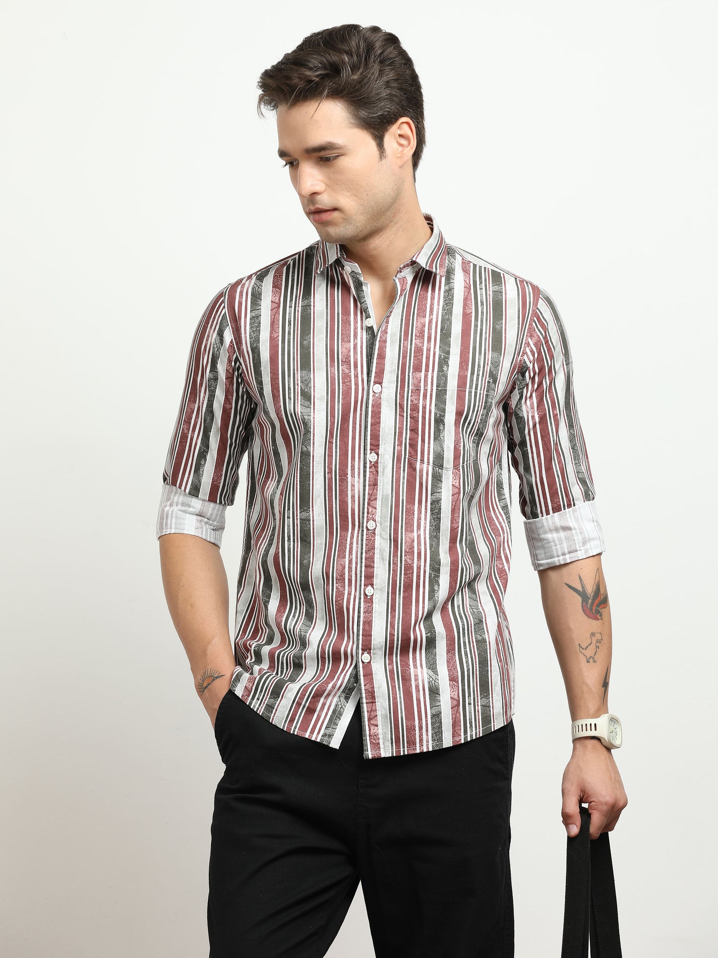 Men’s White with Maroon & Grey Vertical Striped Slim Fit Shirt By Black Thread
