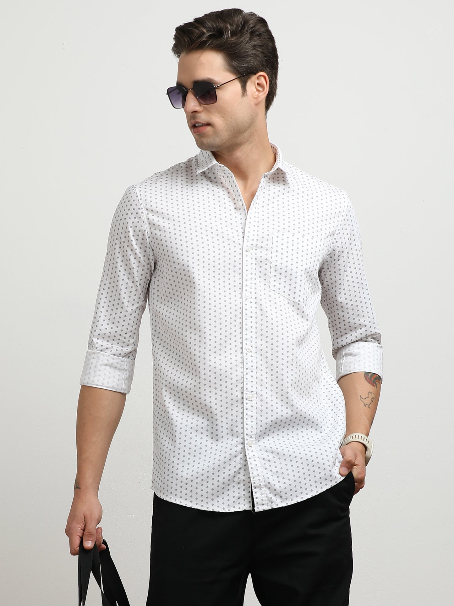 Men’s White Micro Printed Slim Fit Casual Shirt By Black Thread