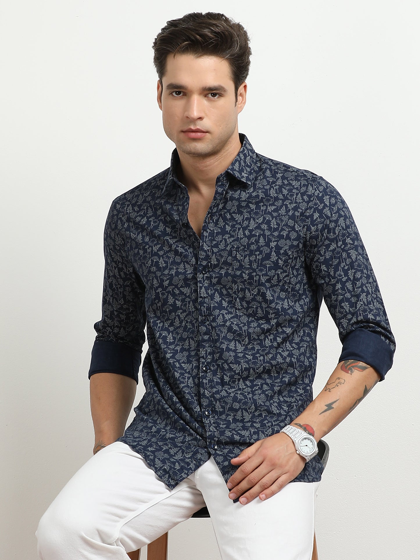 Men’s Navy Blue Floral Printed Casual Shirt By Black Thread