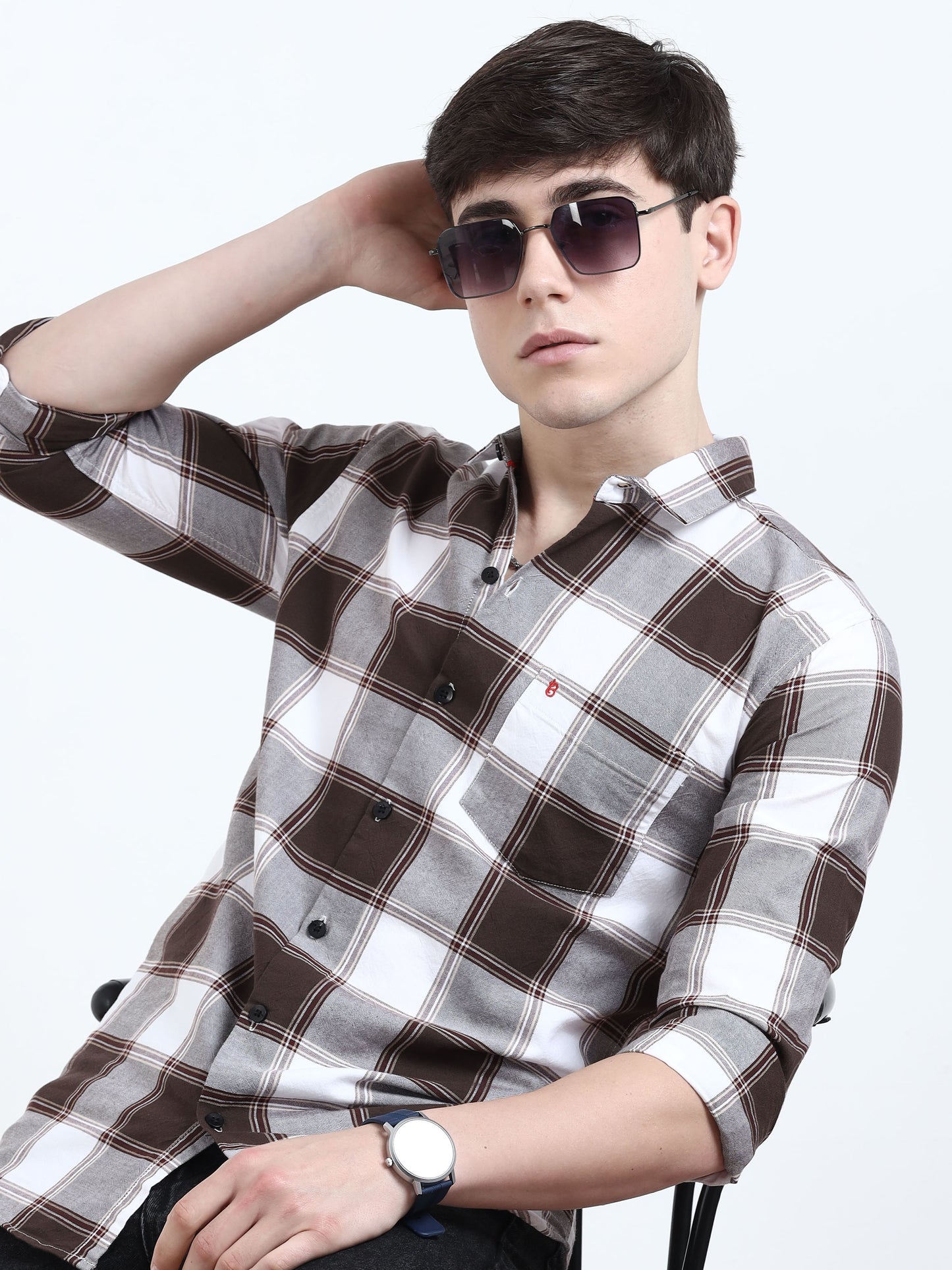 Classic Brown Grey Check Shirt For Men