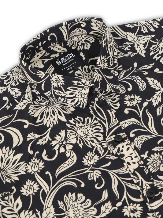 Men’s Black & Beige Floral Printed Slim Fit Casual Shirt By Black Thread
