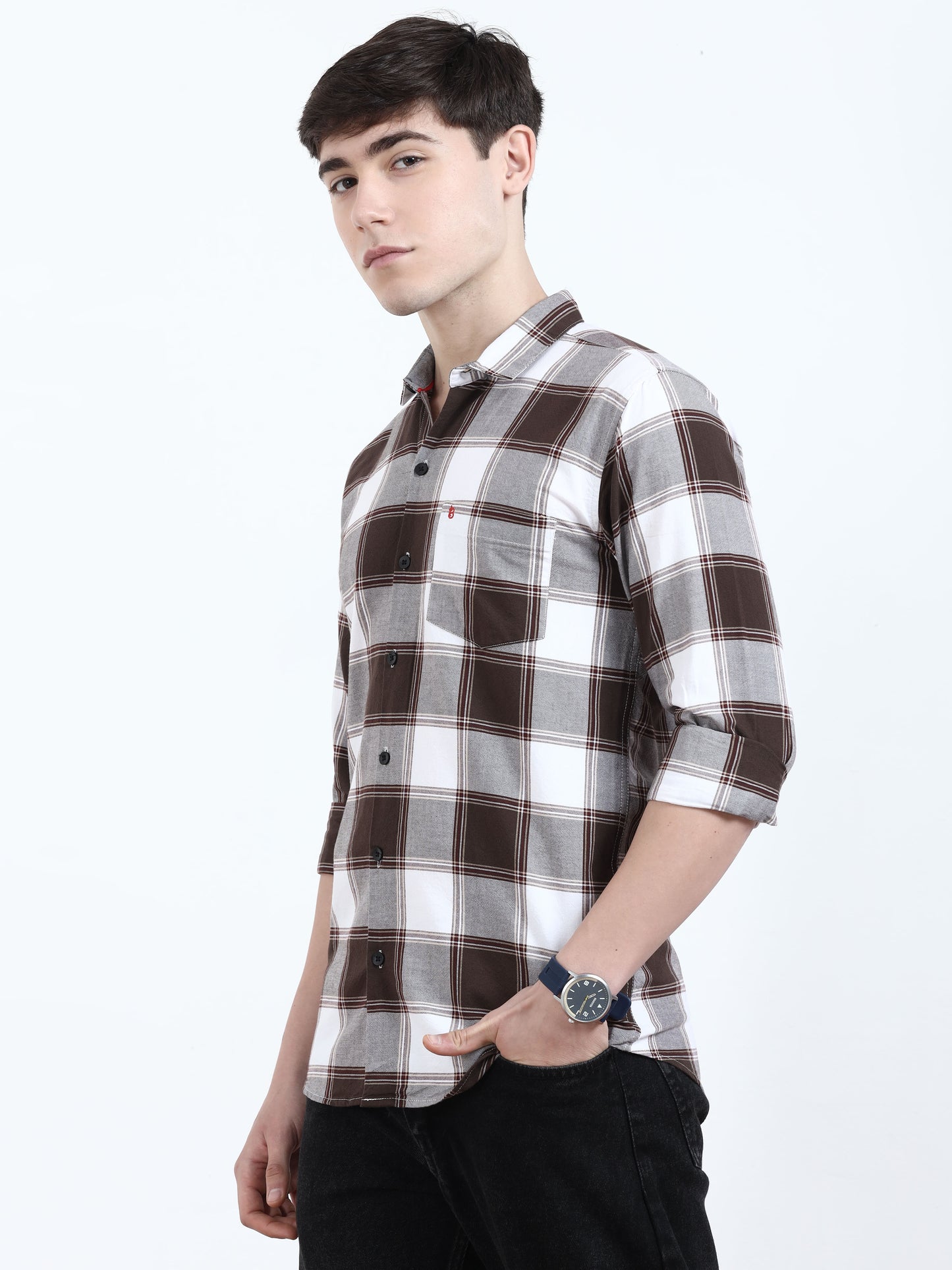 Classic Brown Grey Check Shirt For Men