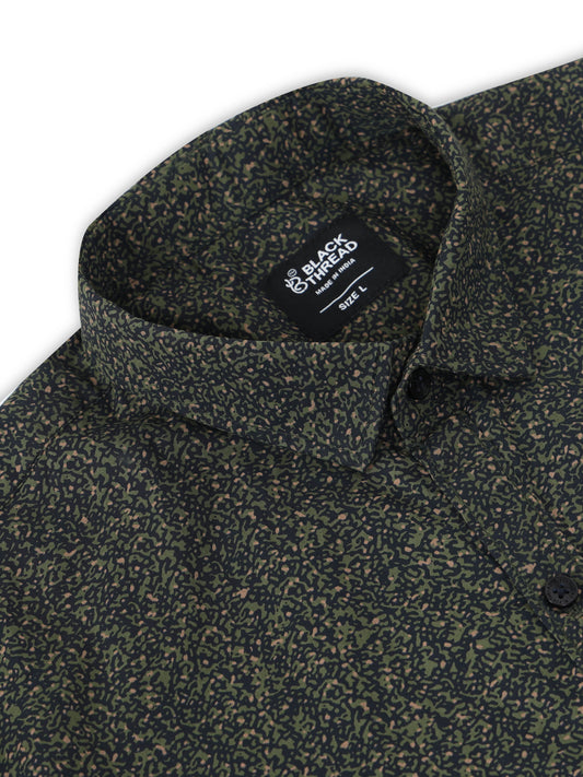 Men’s Dark Green Micro Printed Slim Fit Casual Shirt By Black Thread