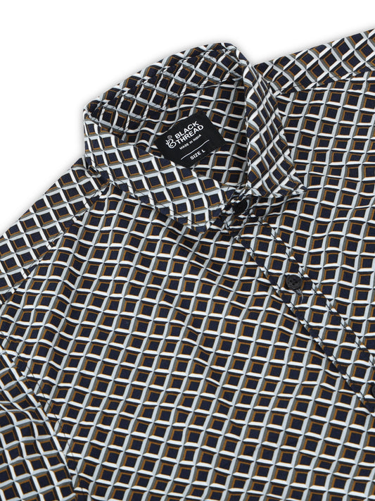 Men’s Black & Beige Geometric Printed Casual Shirt By Black Thread