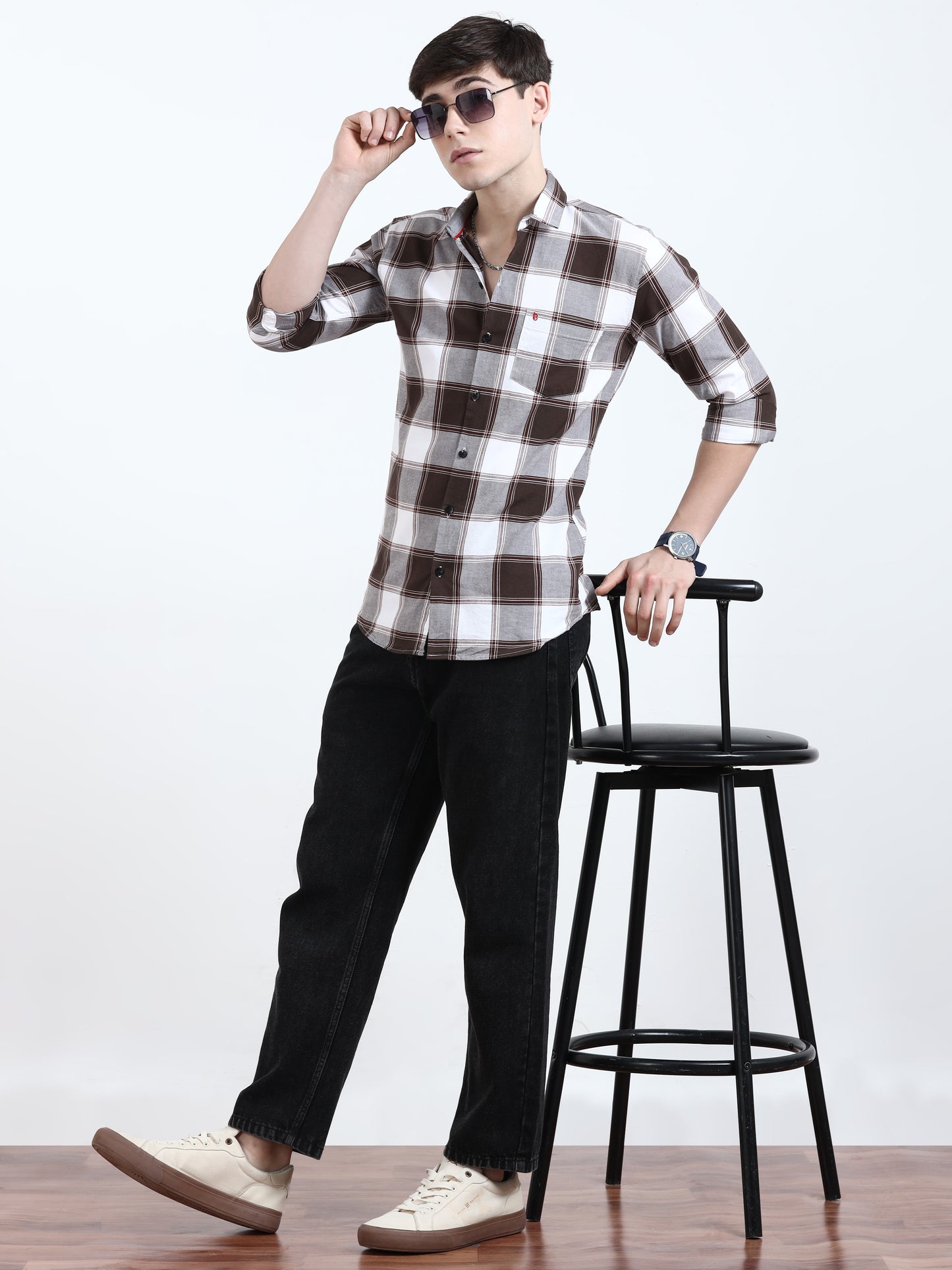 Classic Brown Grey Check Shirt For Men
