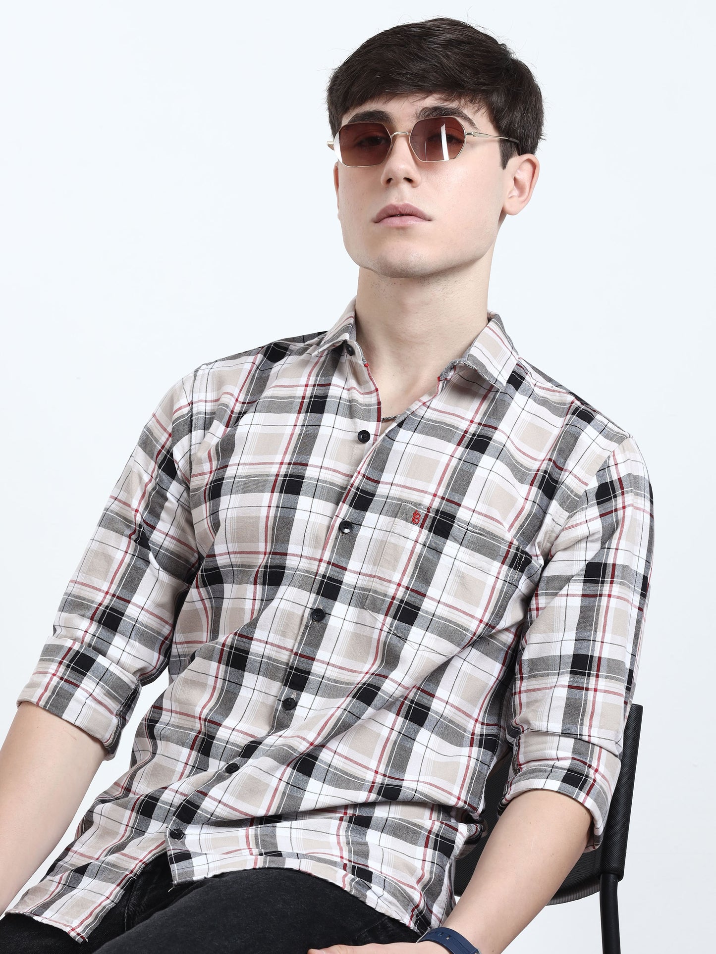Classic Cream And Black Check Shirt For Men