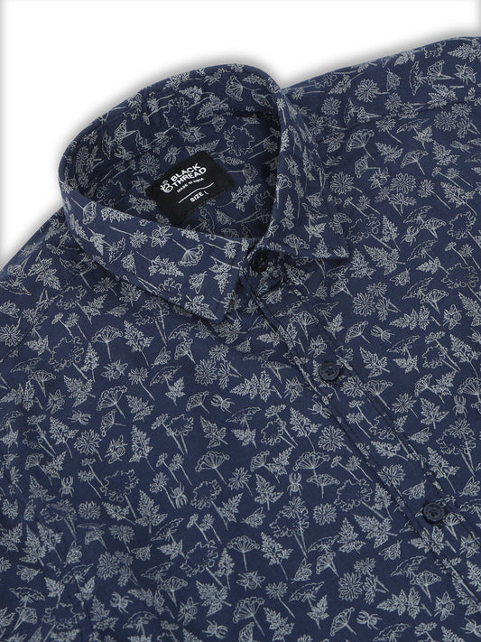 Men’s Navy Blue Floral Printed Casual Shirt By Black Thread