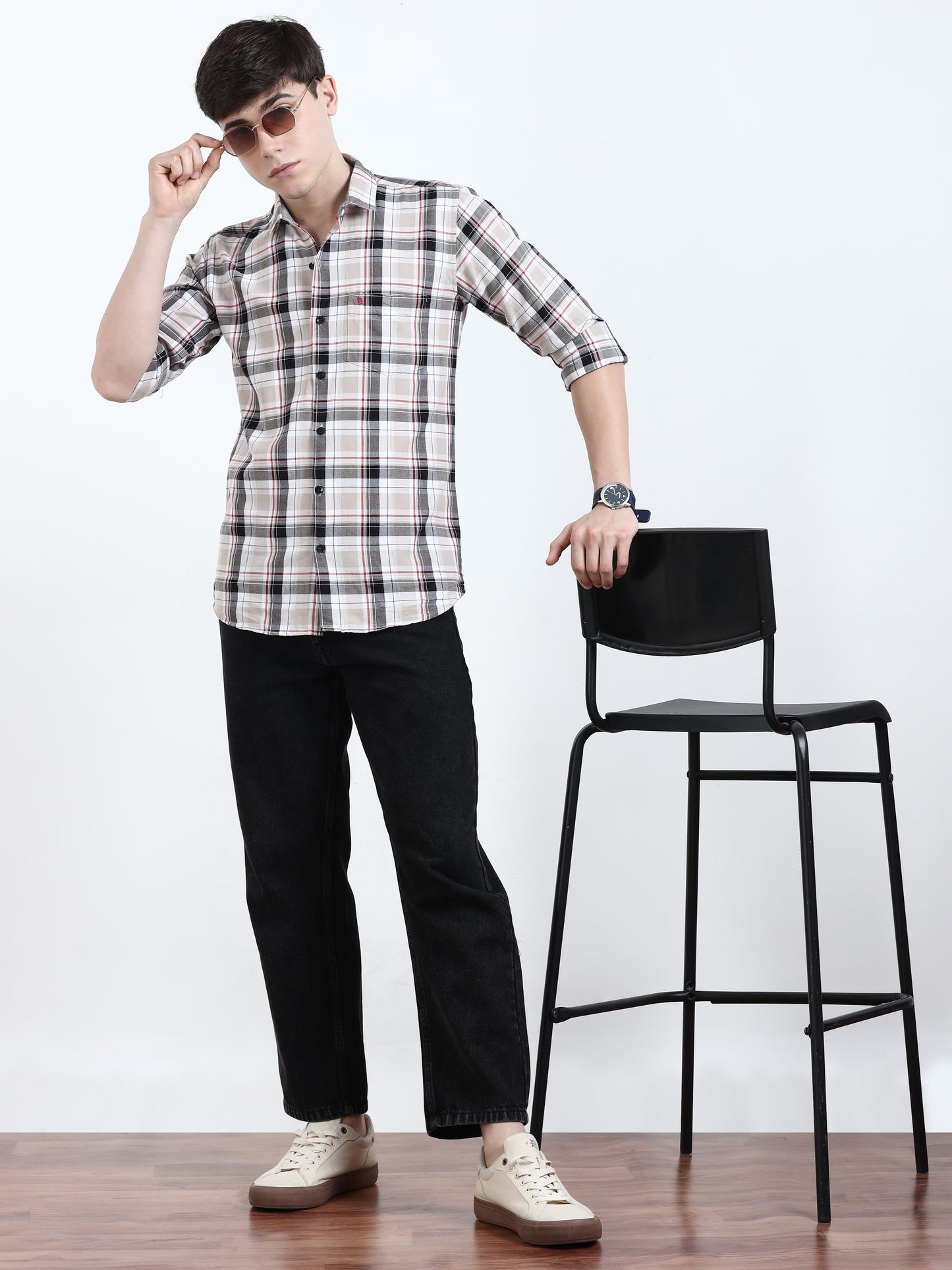 Classic Cream And Black Check Shirt For Men