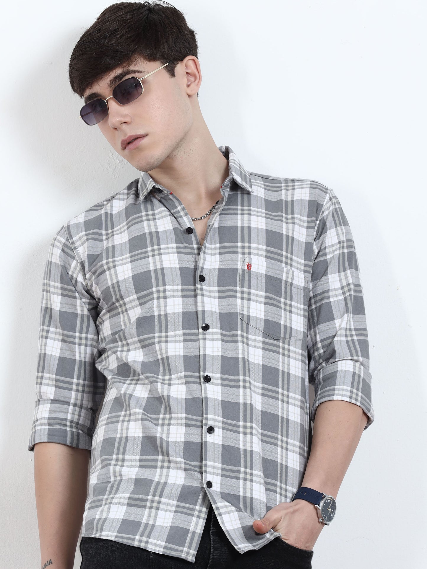Classic Grey And White Check Shirt For Men