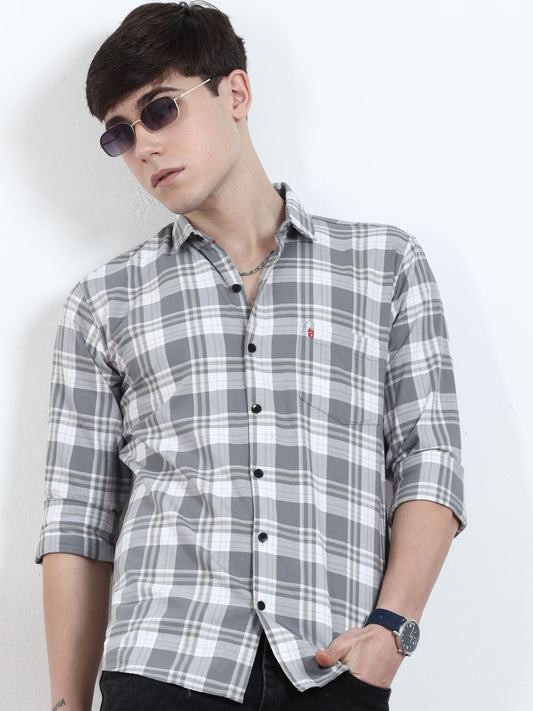 Classic Grey And White Check Shirt For Men