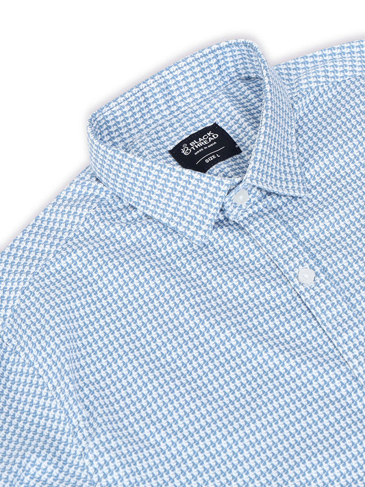 Men’s White & Blue Micro Check Printed Slim Fit Casual Shirt By Black Thread