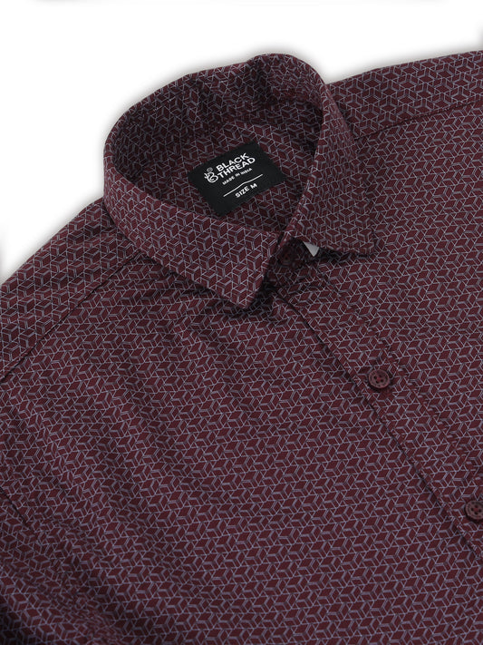 Men’s Wine Red Micro Printed Slim Fit Casual Shirt By Black Thread