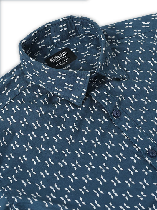 Men’s Blue Geometric Printed Slim Fit Casual Shirt By Black Thread