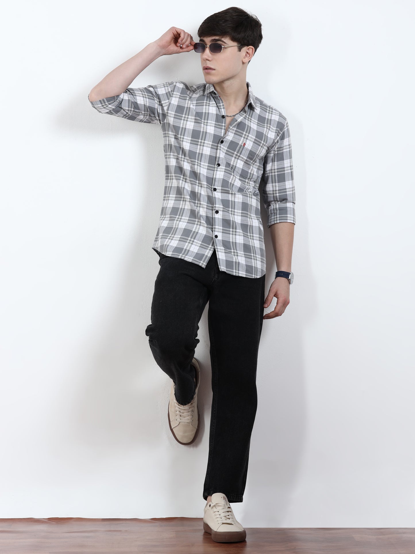 Classic Grey And White Check Shirt For Men